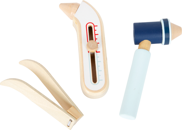 Fieberthermometer, Pinzette und Otoskop aus Holz