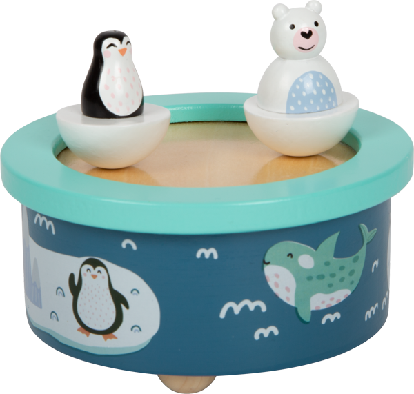 Blaue Spieluhr aus Holz mit Pinguin und Eisbär-Figuren