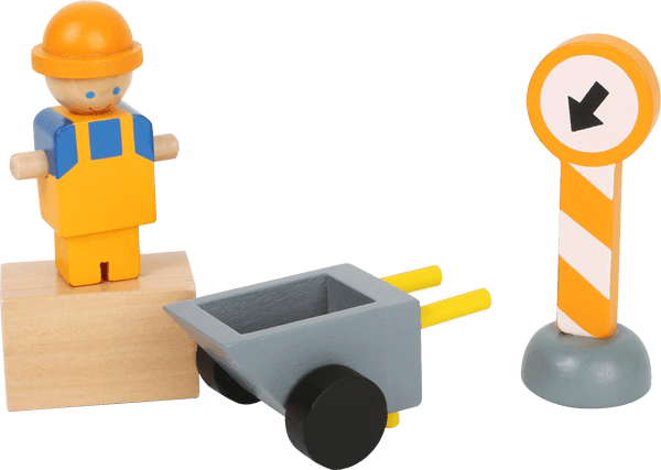 Spielfigur und Baustellen-Spielzeug aus Holz