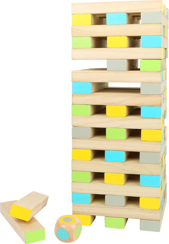 Großer Wackelturm aus Holz in verschiedenen Farben