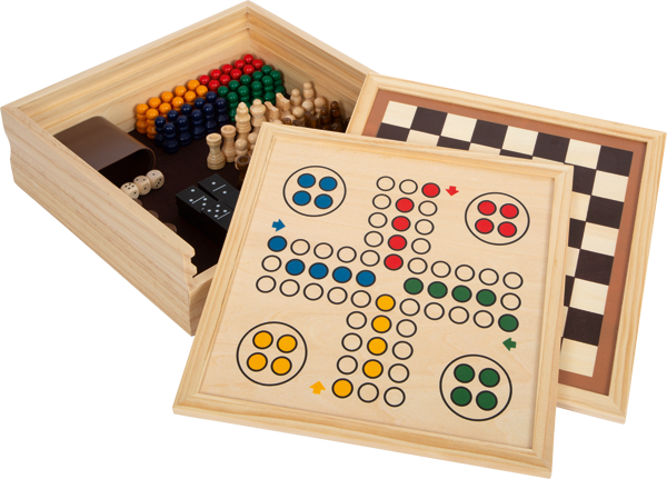 Gesellschaftsspiele-Sammlung aus Holz in Kiste