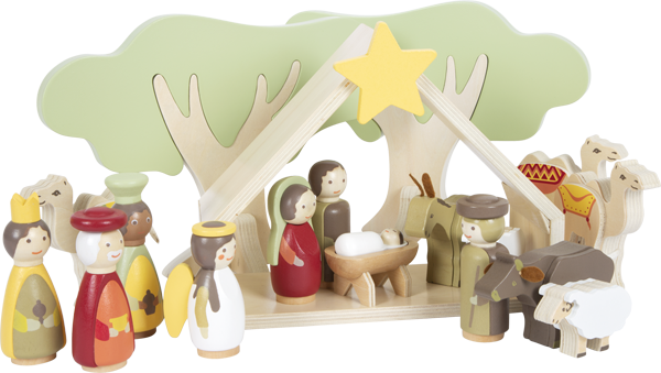 Weihnachtskrippe aus Holz mit Figuren für Kinder