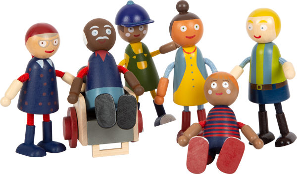 Sechs Holz-Puppen zum Spielen mit Rollstuhl