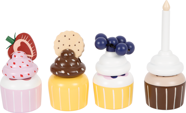 Vier Cupcakes aus Holz für die Spielküche