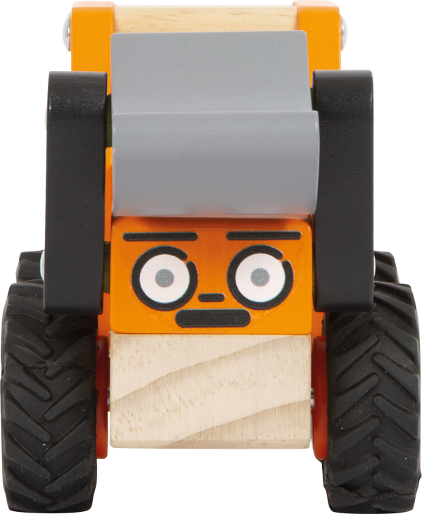 Spielzeug-Bagger aus Holz mit Gesicht