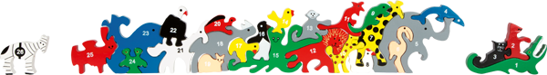 Puzzle-Tiere aus Holz mit Zahlen und Buchstaben
