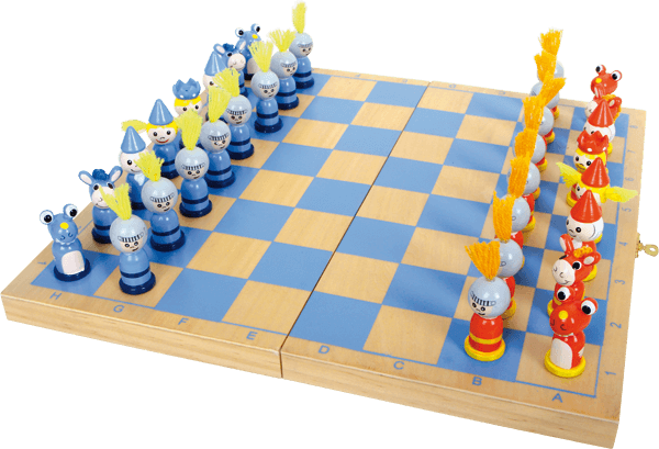 Schach Ritter aus Holz, rot und blau