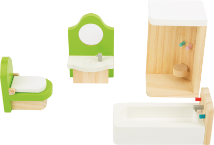 Puppenhausmöbel aus Holz, Badezimmer in grün