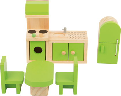 Puppenhausmöbel aus Holz, Küche in grün
