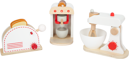 Küchengeräte wie Standmixer, Kaffeemaschine und Toasteraus Holz in schlichten Farben für die Kinderküche