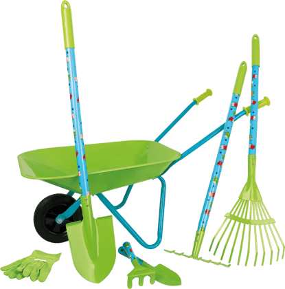 Grüne Kinder-Schubkarre mit Gartengeräten