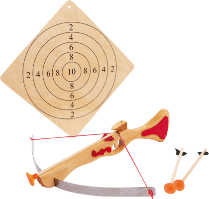 Sportarmbrust aus Holz mit Pfeilen und Zielscheibe