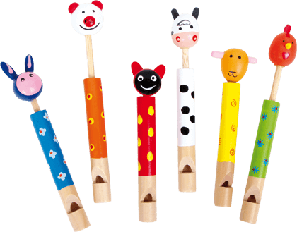 Sechs bunte Tier-Flöten aus Holz für Kinder