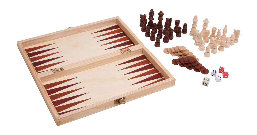 Spieleklassiker 3 in 1 im Holzkoffer Schach Dame und Backgammon