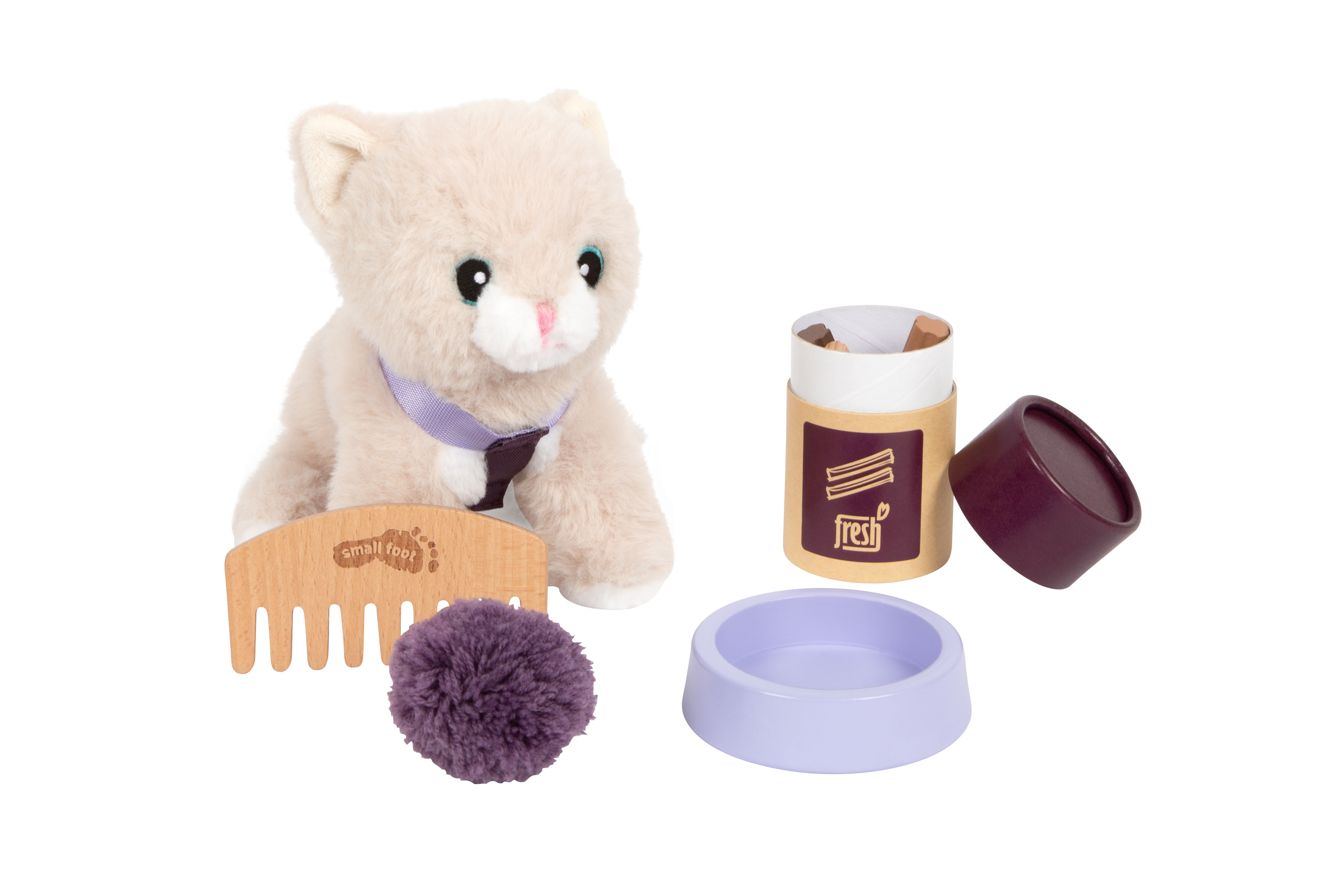 Katze mit Tasche und Pflegeset mit Katze Pflege Napf Snacks