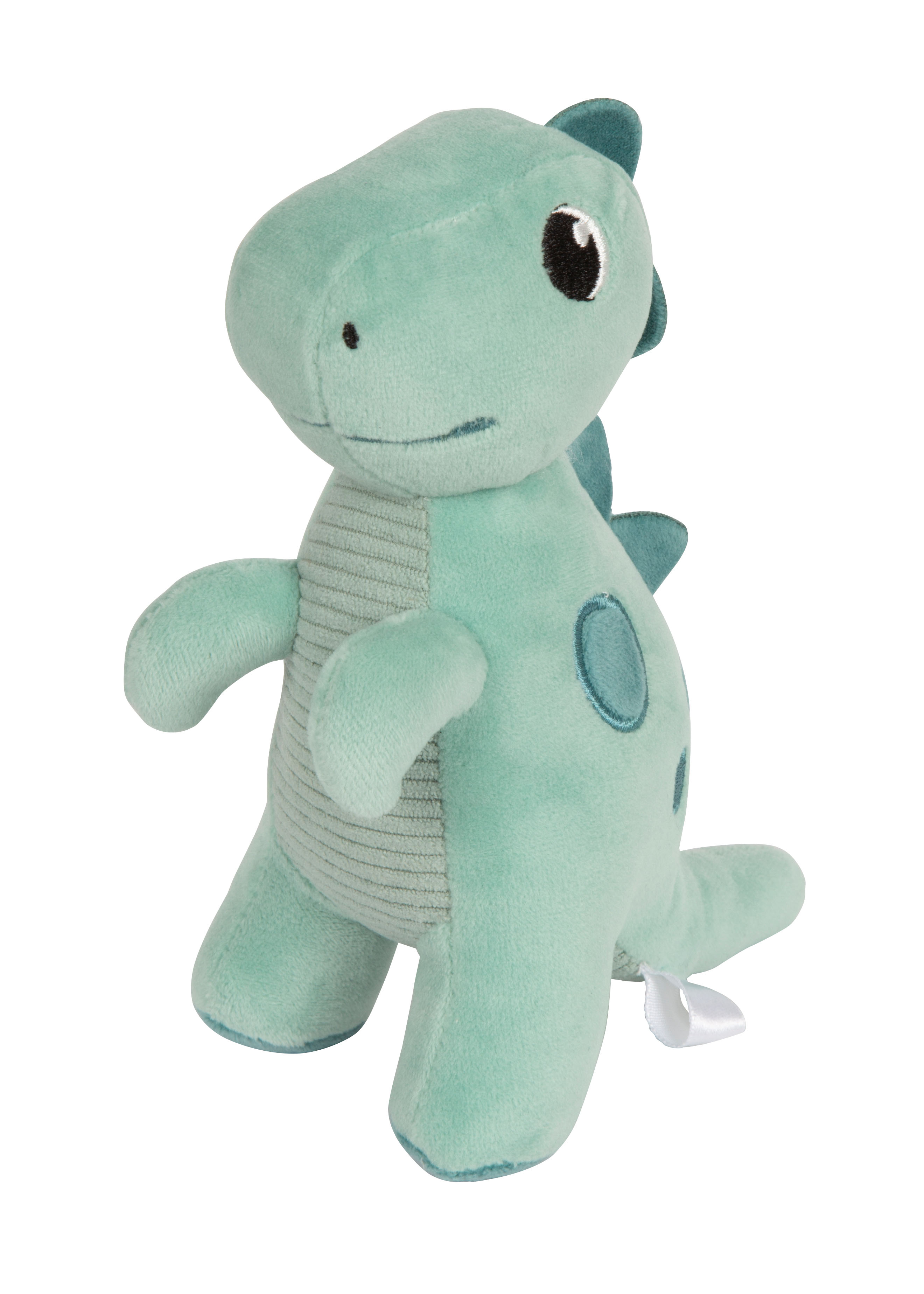 grünes Kuscheltier Dino schräg links vorne