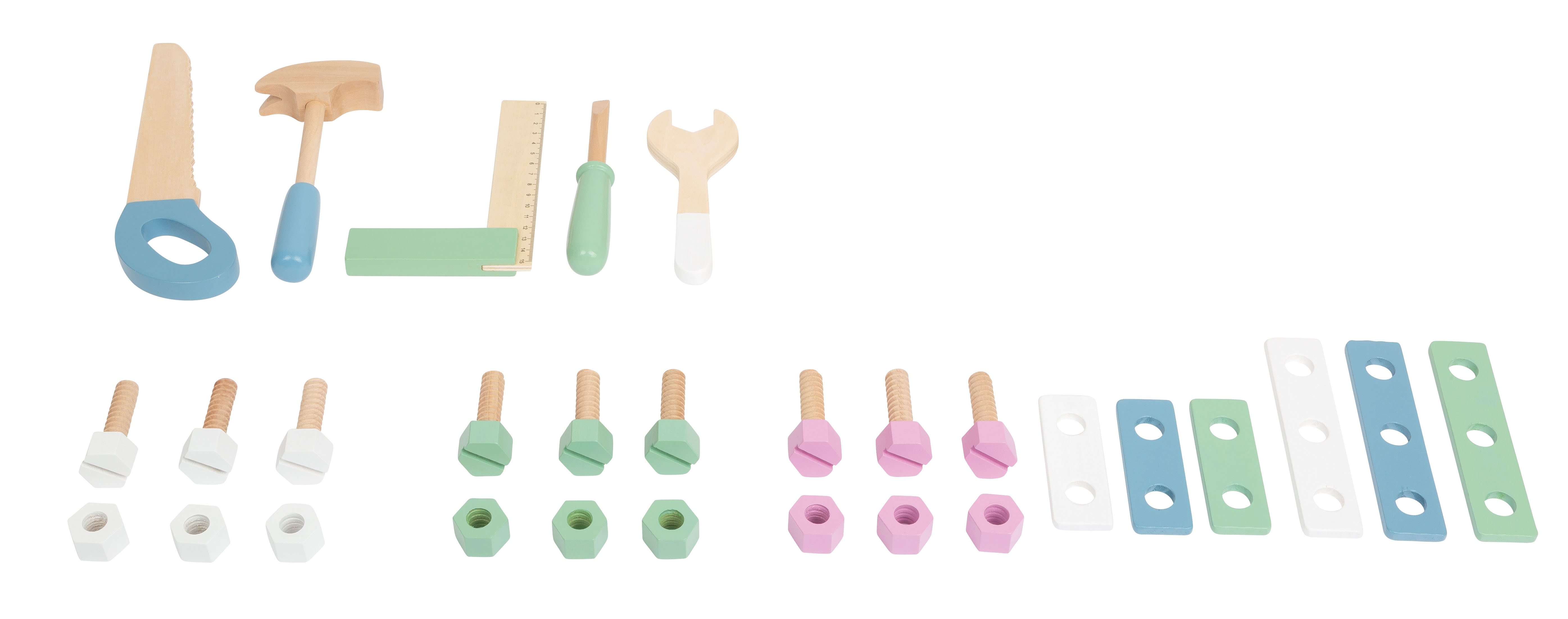 Kinderwerkzeuge aus Holz in Pastellfarben