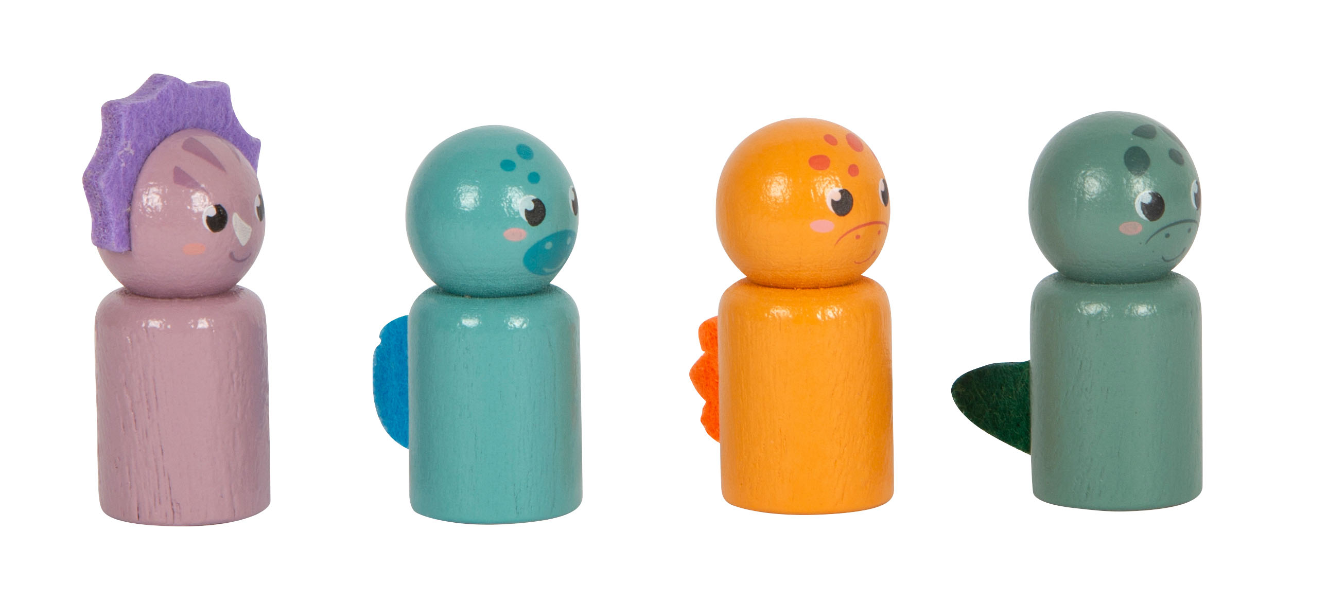 Vier Dinosaurier-Spielfiguren aus Holz für Ludo