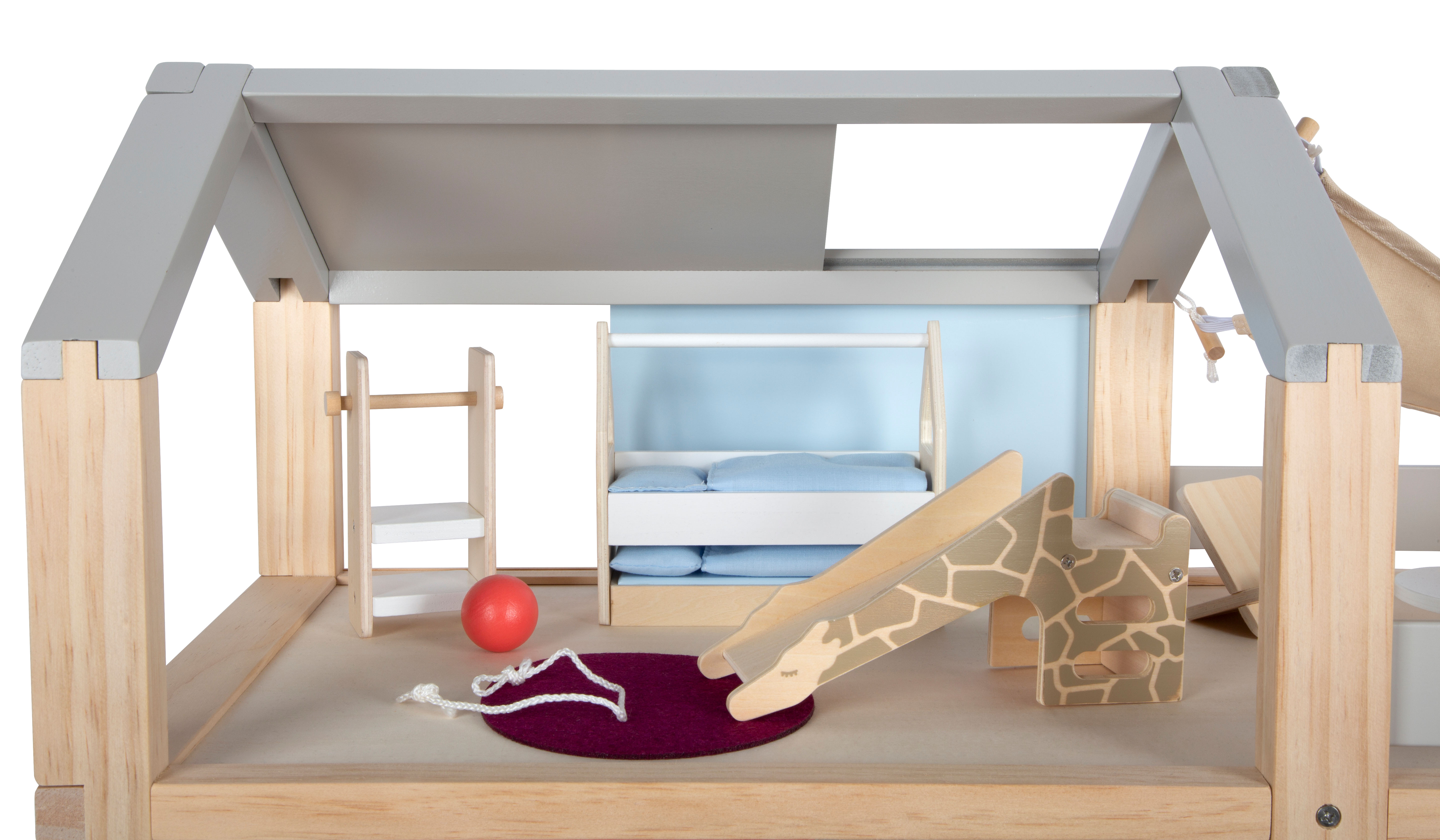 Puppenhaus mit Dachterasse und Holzpferd