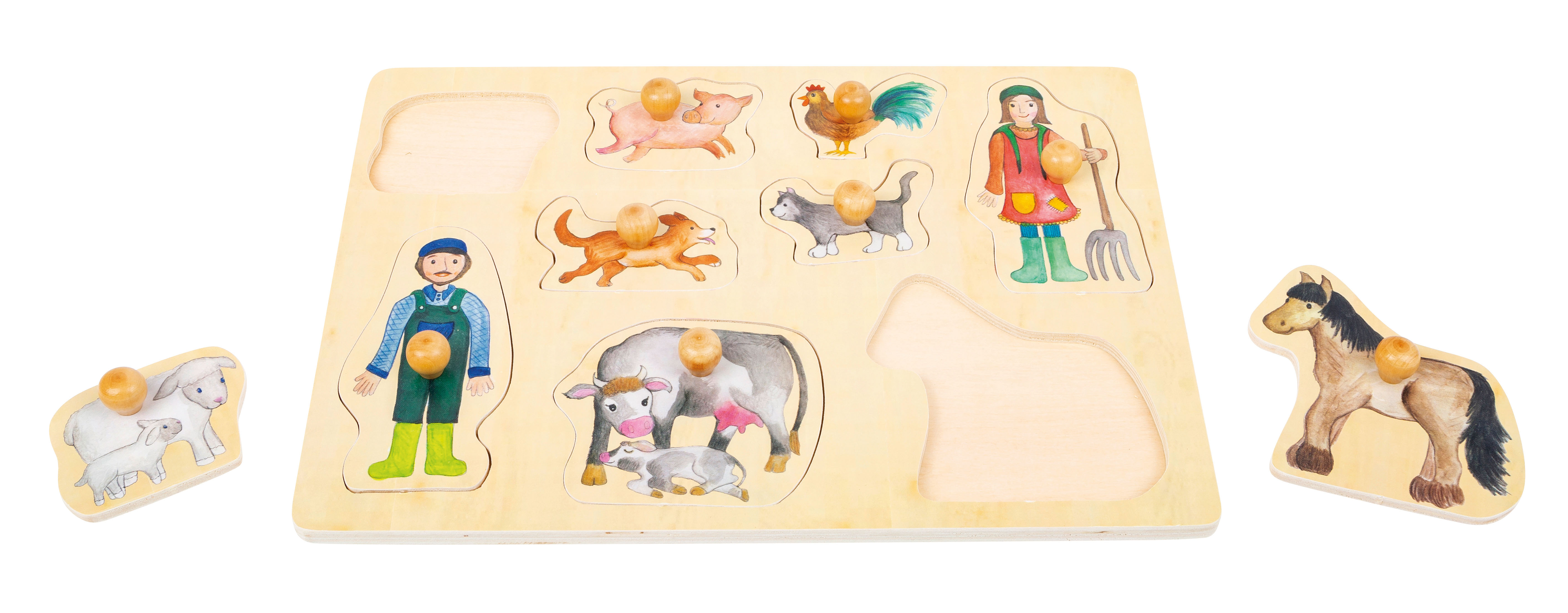 Steckpuzzle welches die verschiedenen Bewohner eines Bauernhofs zeigt