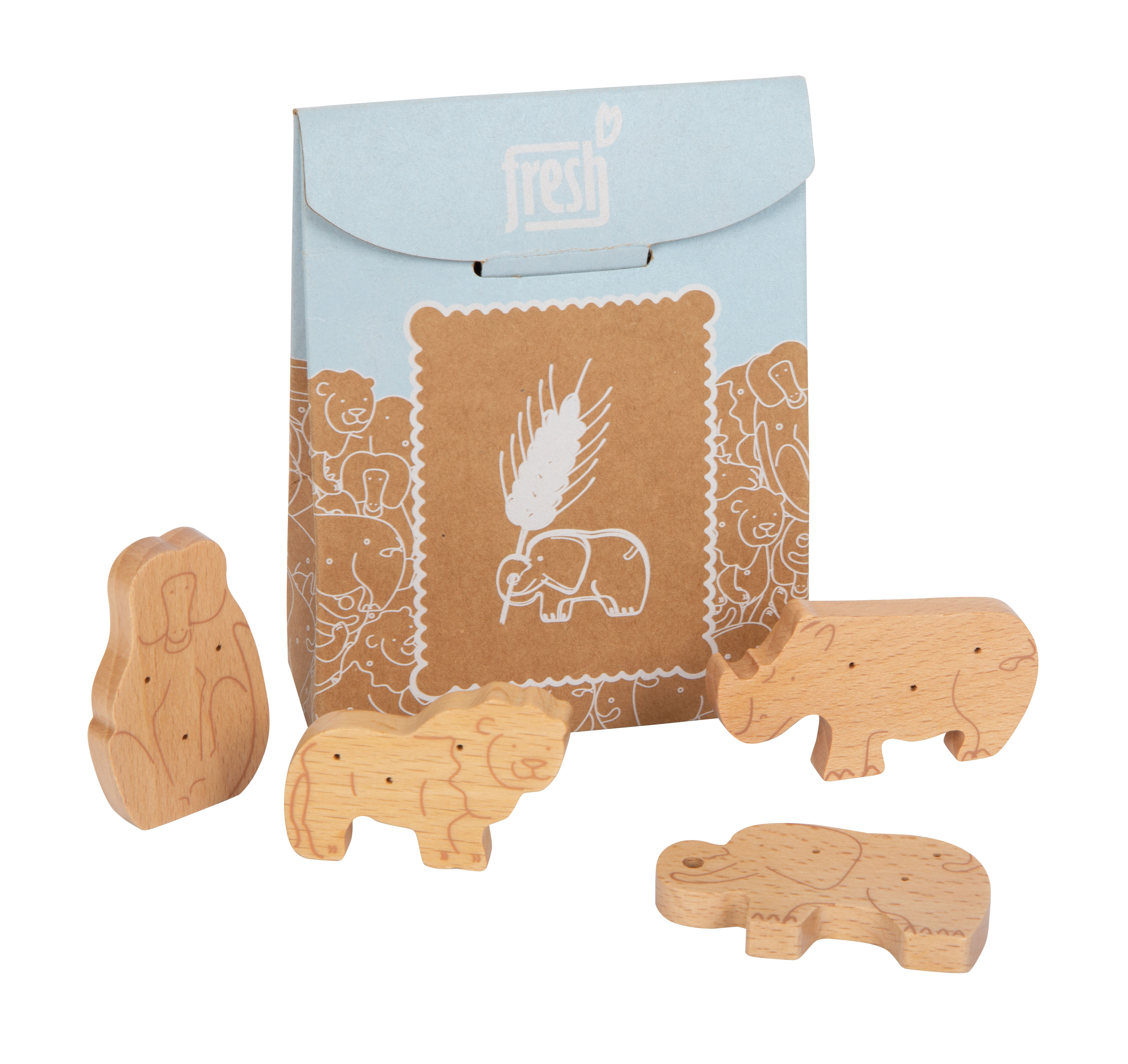 Tierkekse aus Holz mit Keksverpackung
