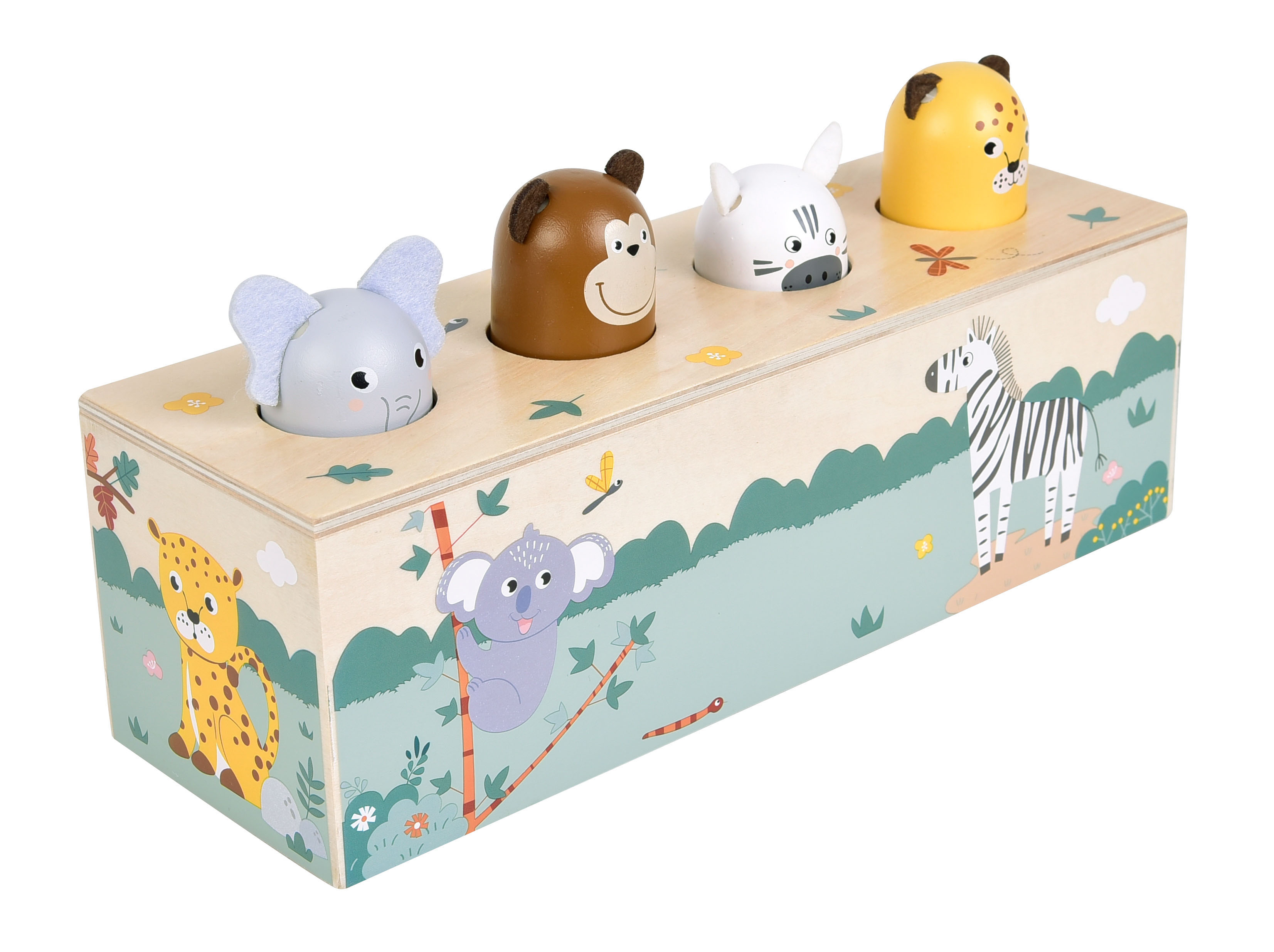 Kinder Drückspiel aus Holz mit Sound-Funktion und vier Tieren zum drücken