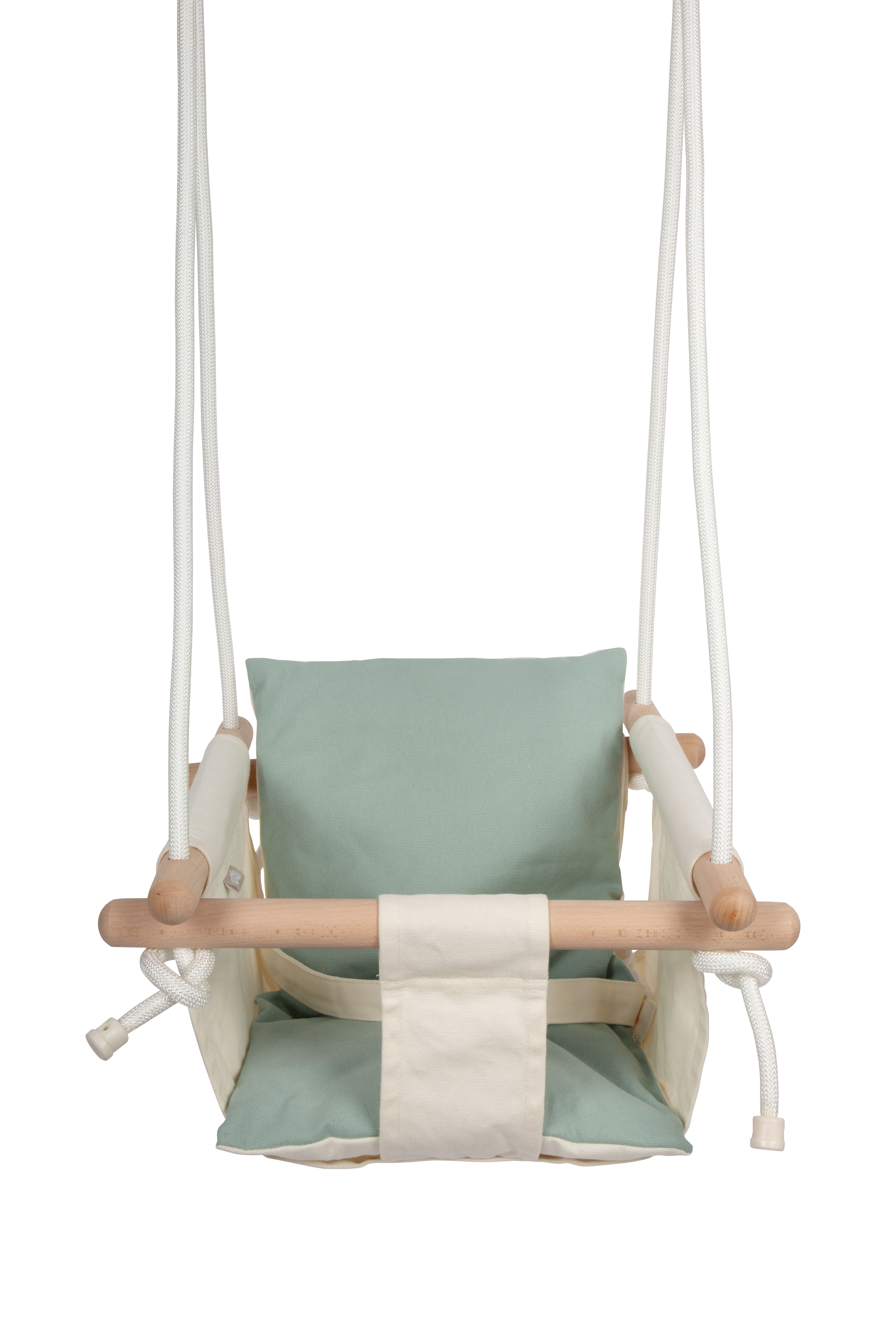 Baby- und Kleinkindschaukel in beige mit salbeigrünem Kissen
