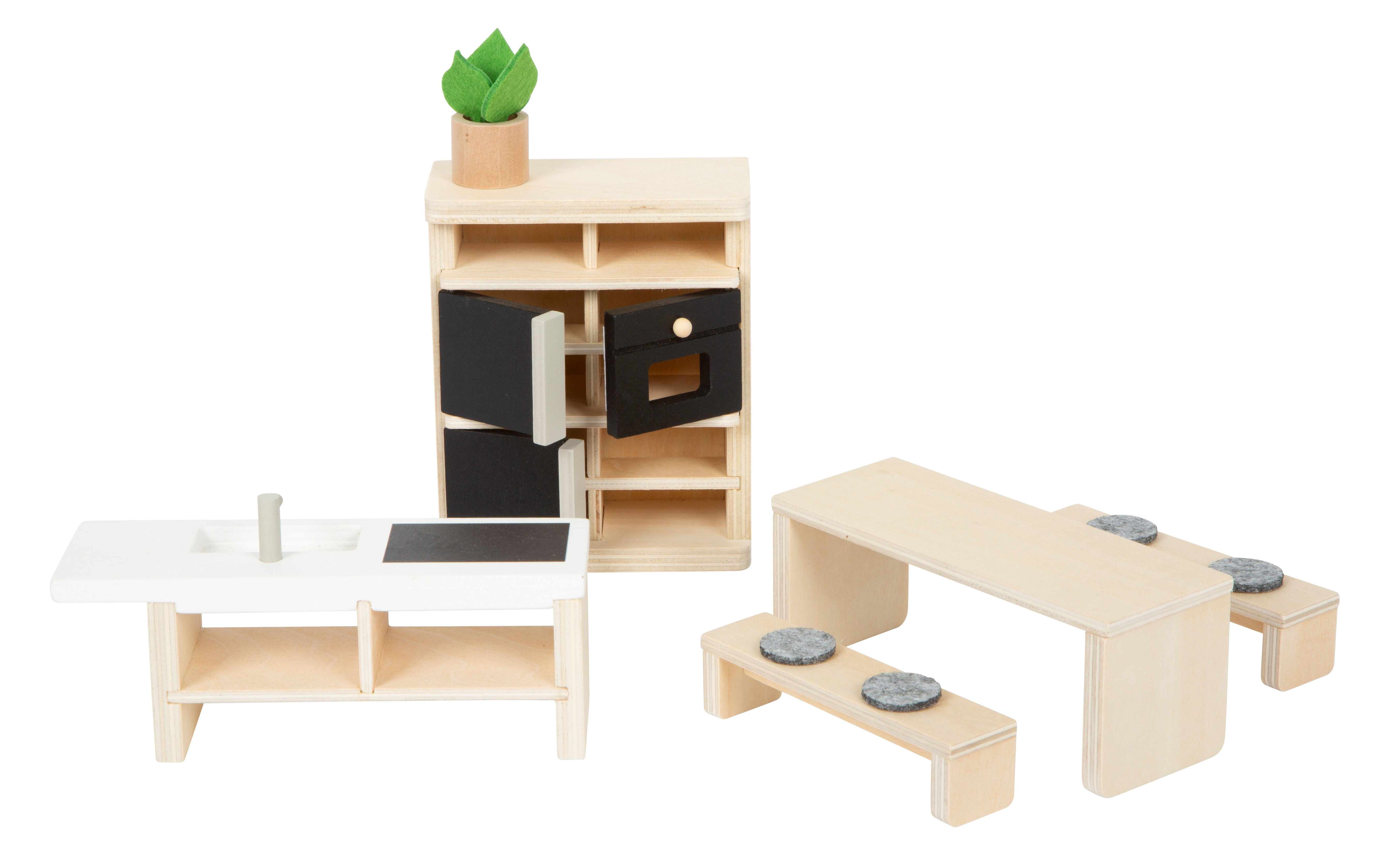 Puppenhaus mit Garten und Puppen mit Küche und Esstisch