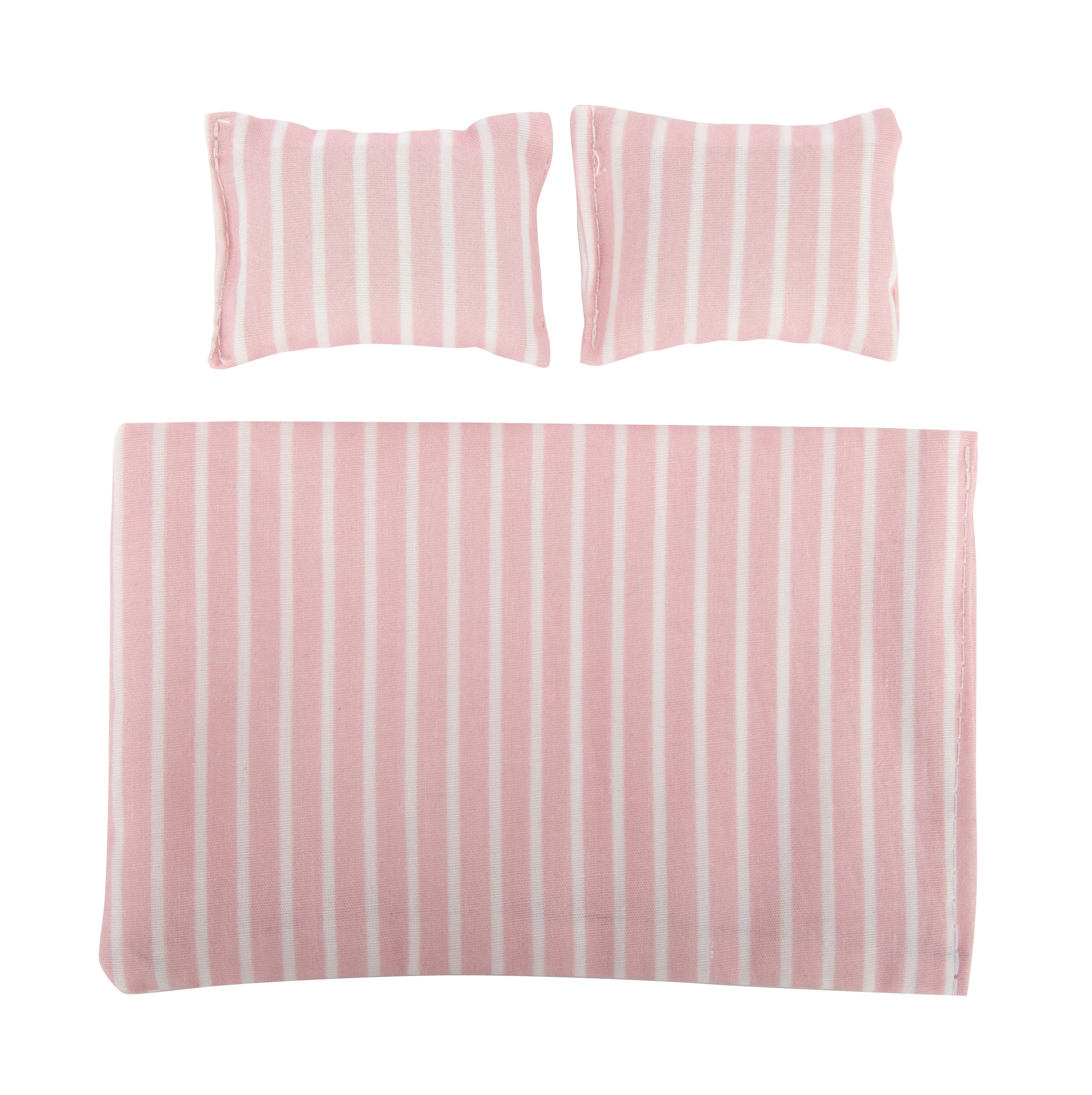 Rosa-weiß gestreifte Bettwäsche aus Stoff für Puppenhaus Puppenbett