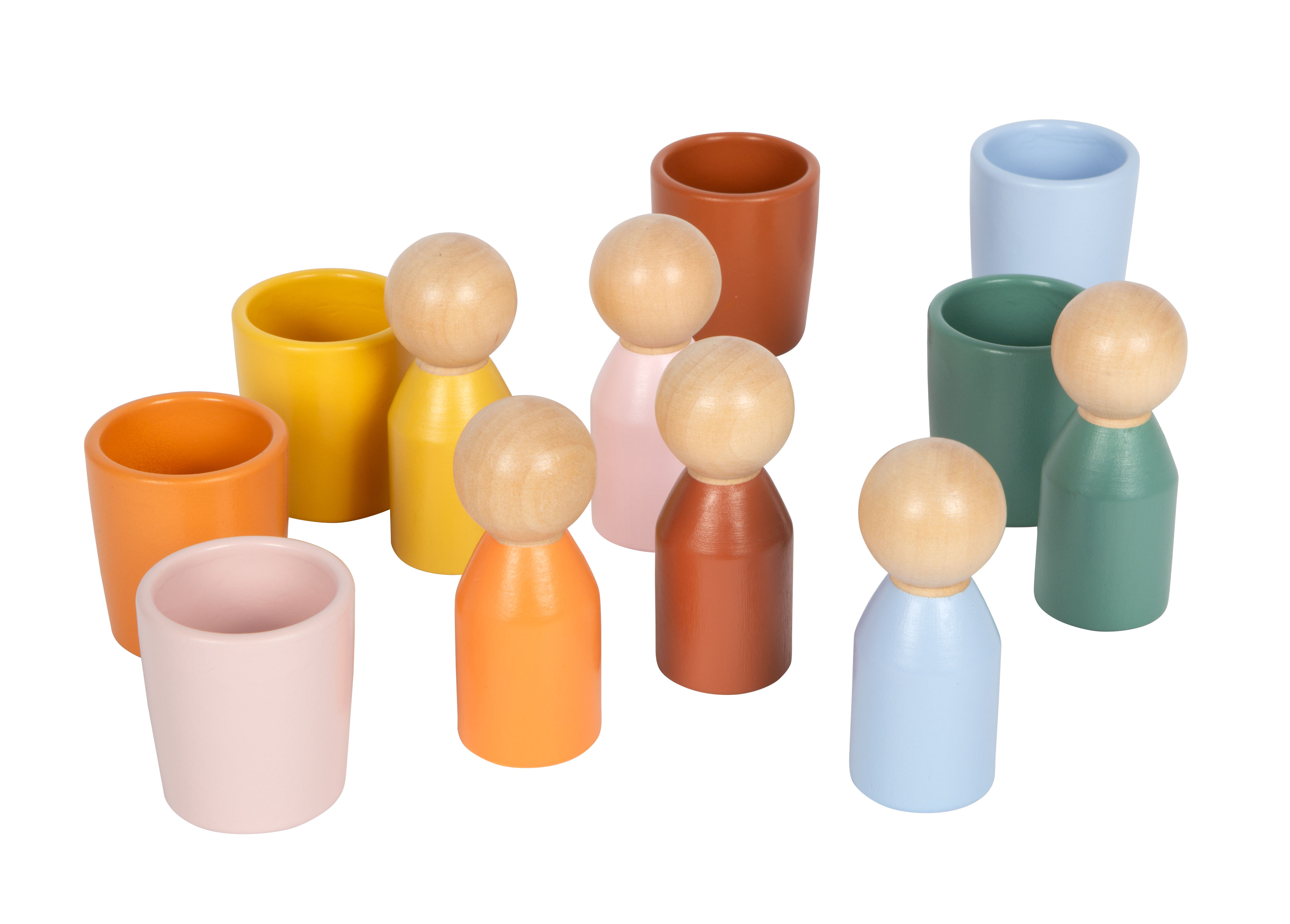 6 farbige Becher aus Holz mit 6 Figuren zum Sortieren