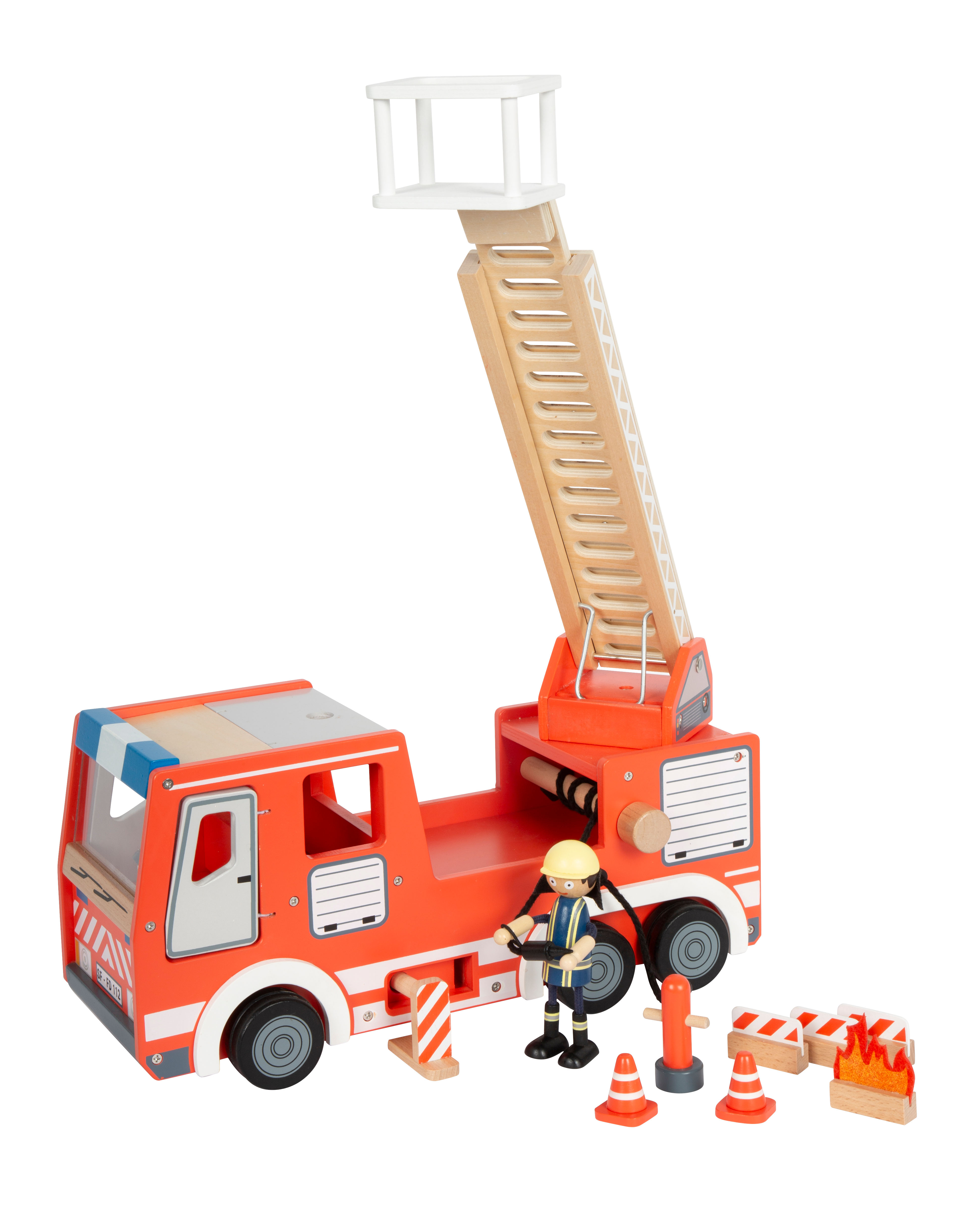 Feuerwehrauto aus Holz inklusive Zubehör