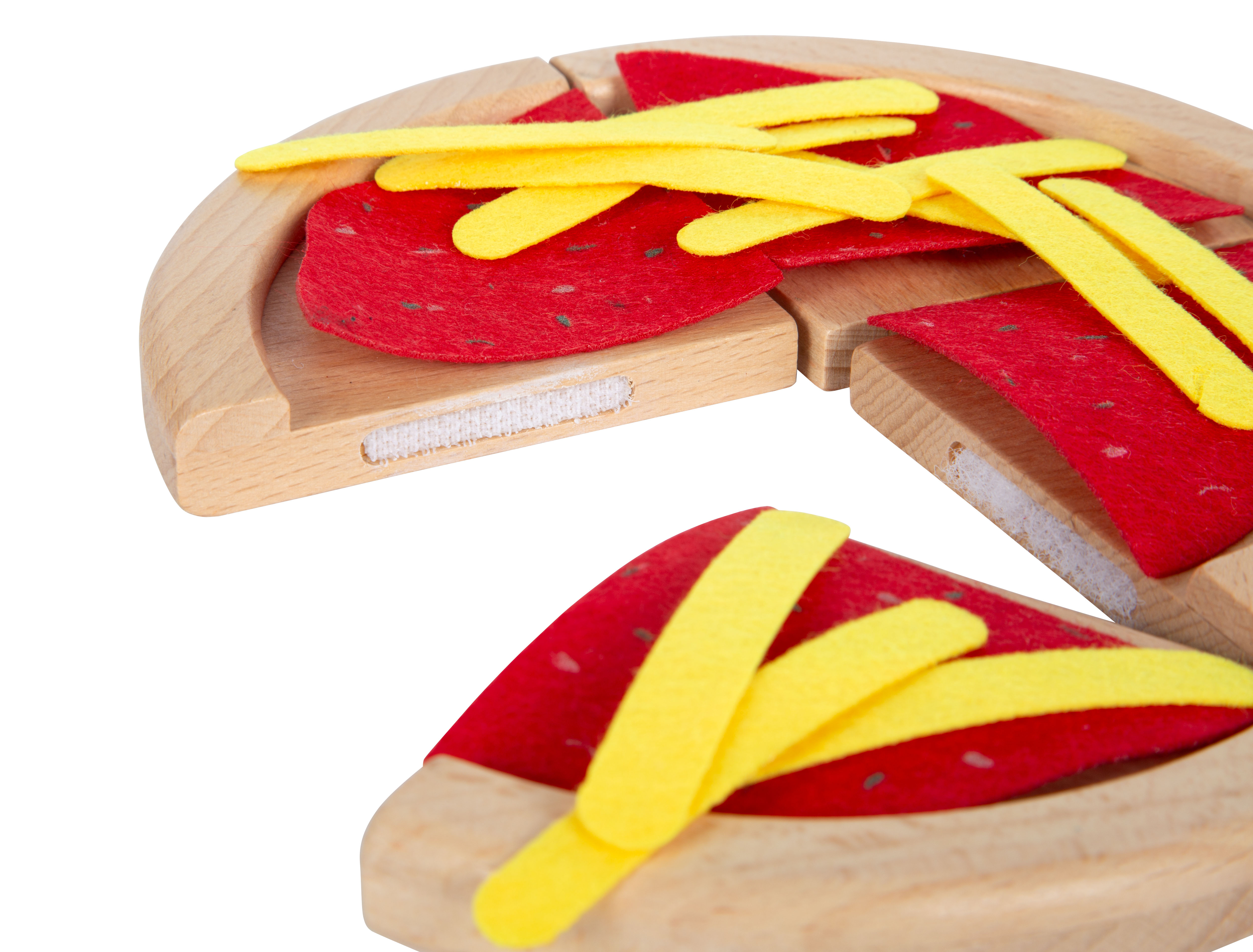 Holz-Pizza mit Klettverbindungen zum Schneiden