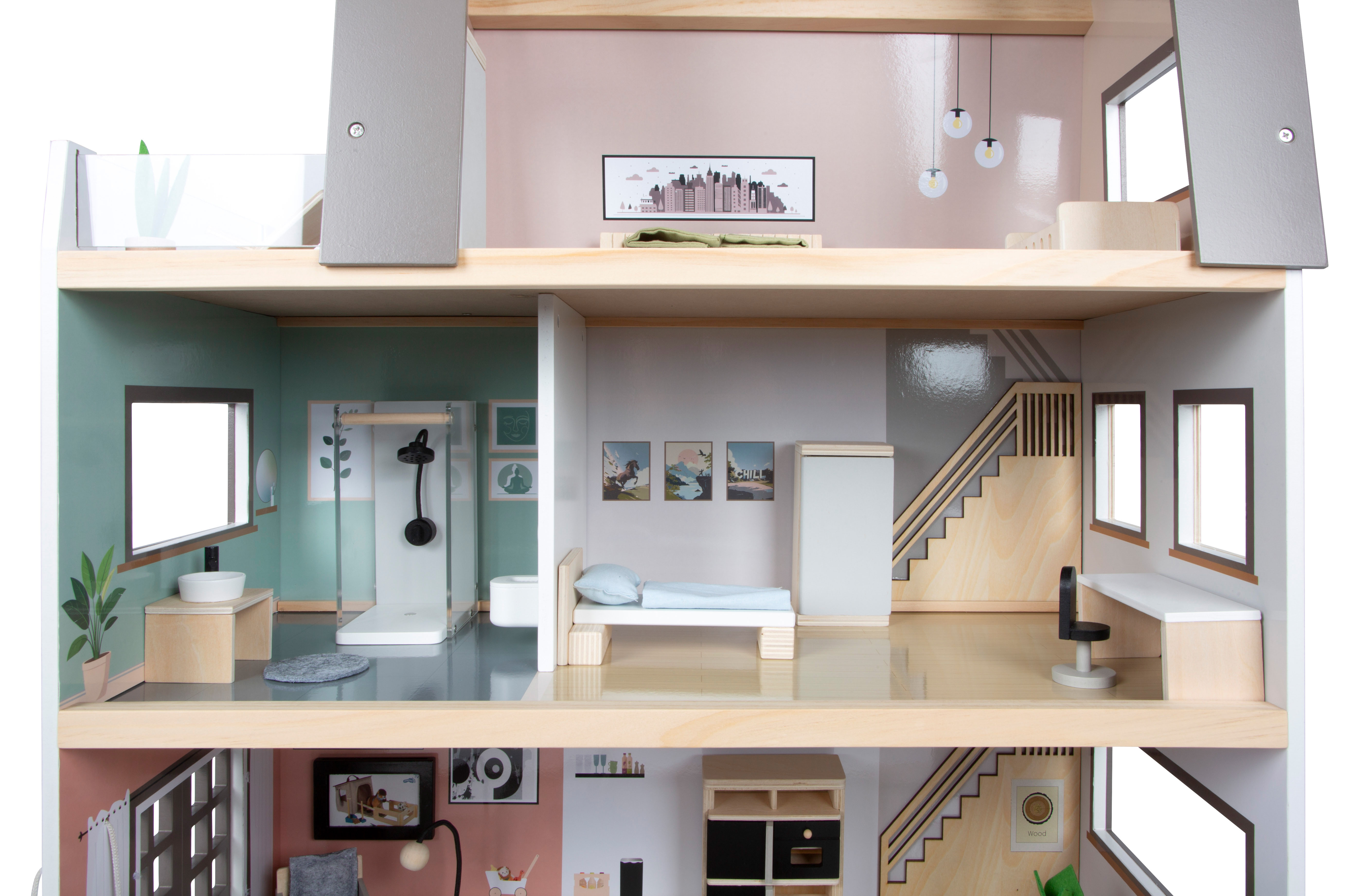 Puppenhaus mit Garten und Puppen mit Badezimmer und Gästezimmer