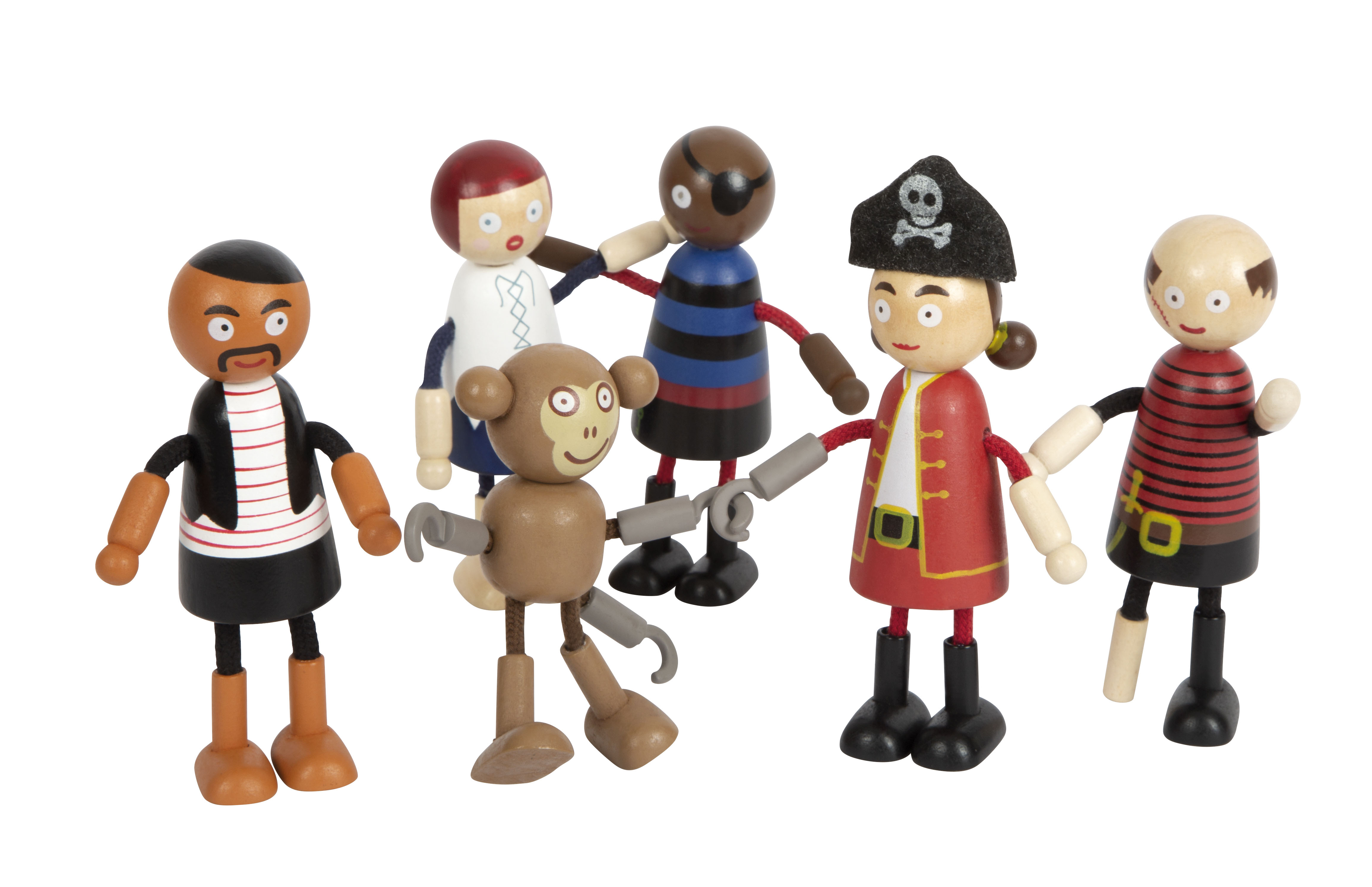 5 Piraten-Spielfiguren und 1 Affe aus Holz