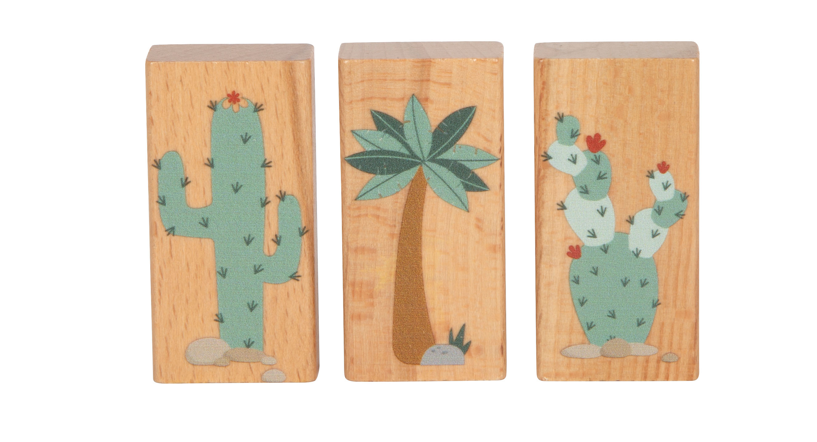 Drei Holzbausteine mit Kaktus- und Palmen-Motiven