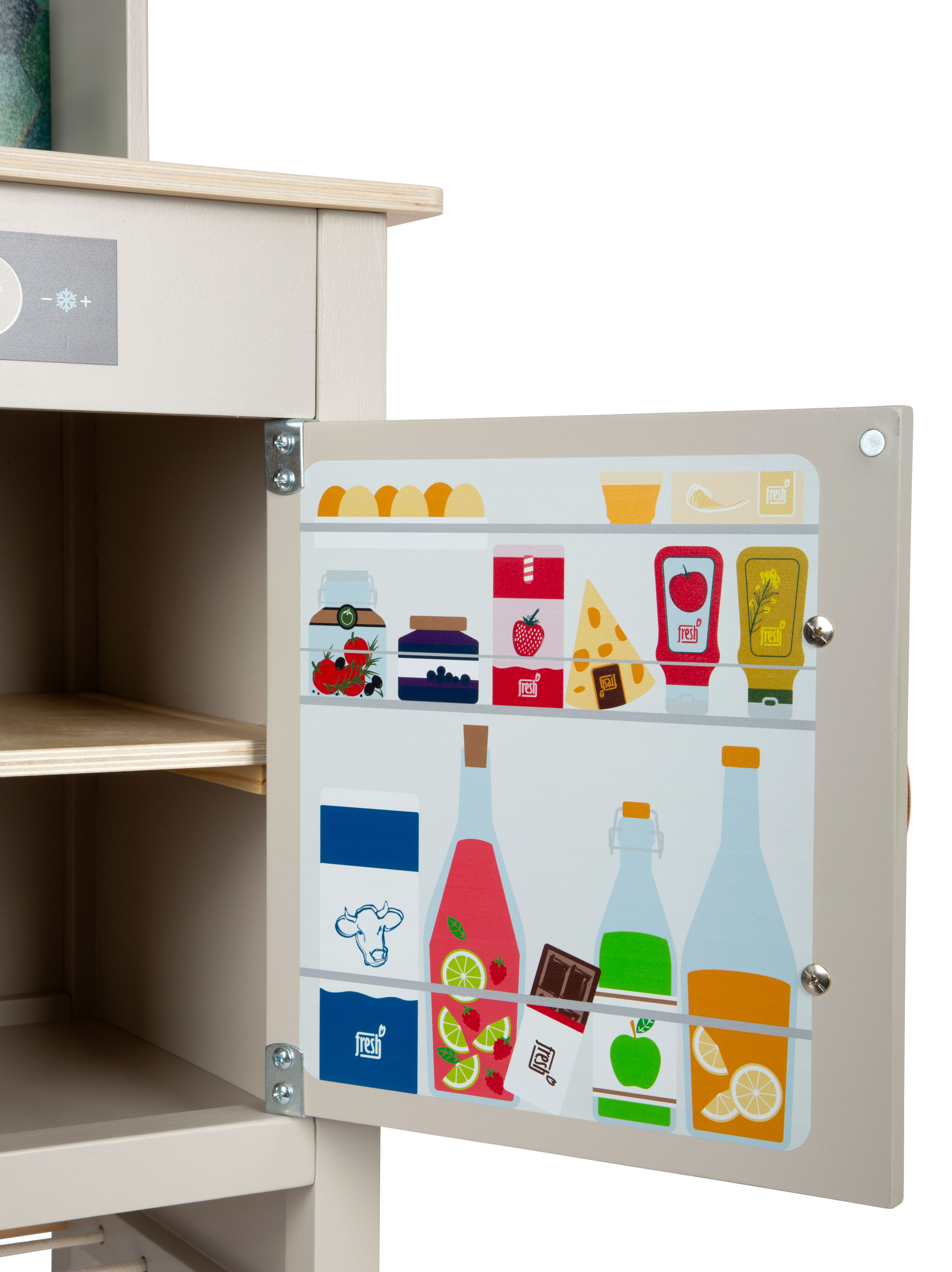 Kinderküche Tasty grau mit Kühlschrank Tür geöffnet