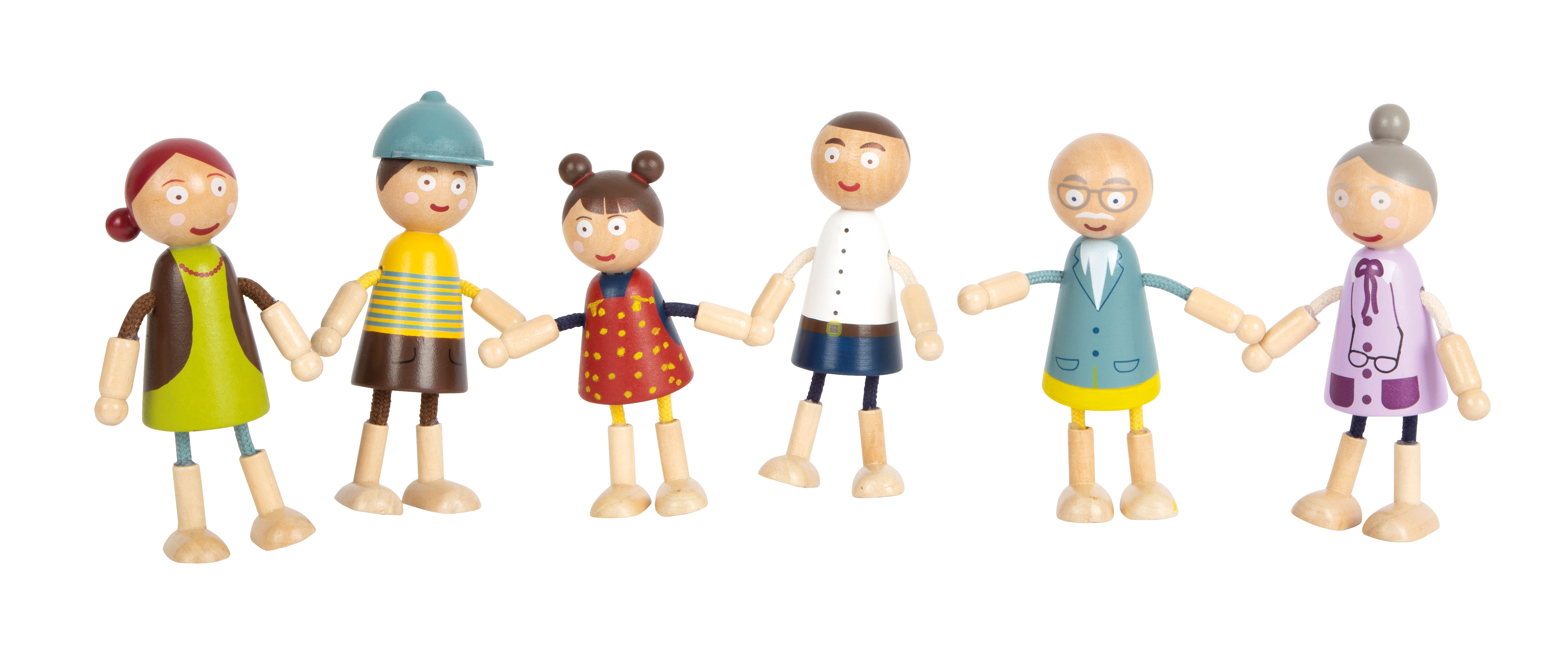 Biegepuppen-Familie aus Eltern, Großeltern und Kindern