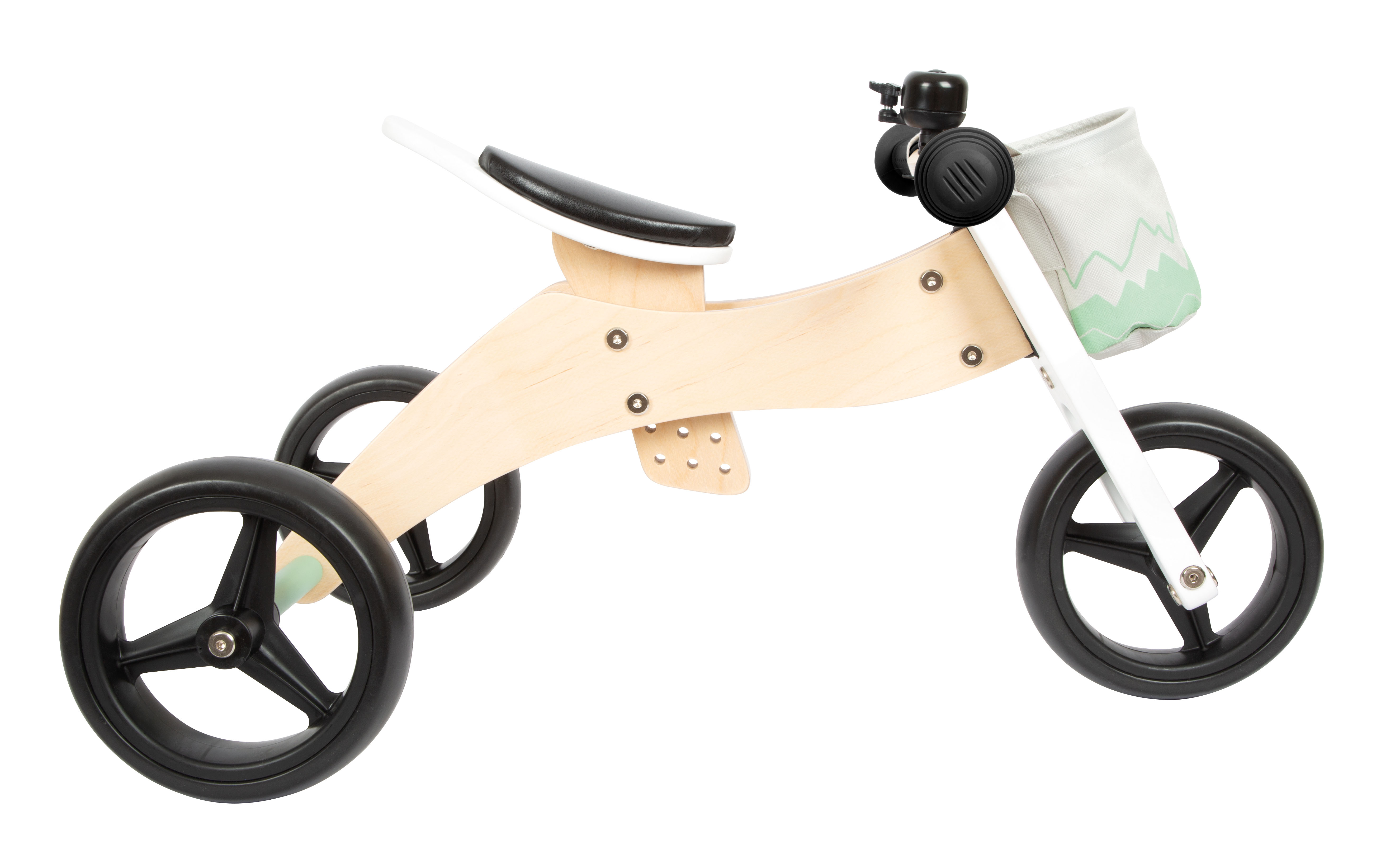Dreirad aus Holz mit Klingel und Lenkertasche