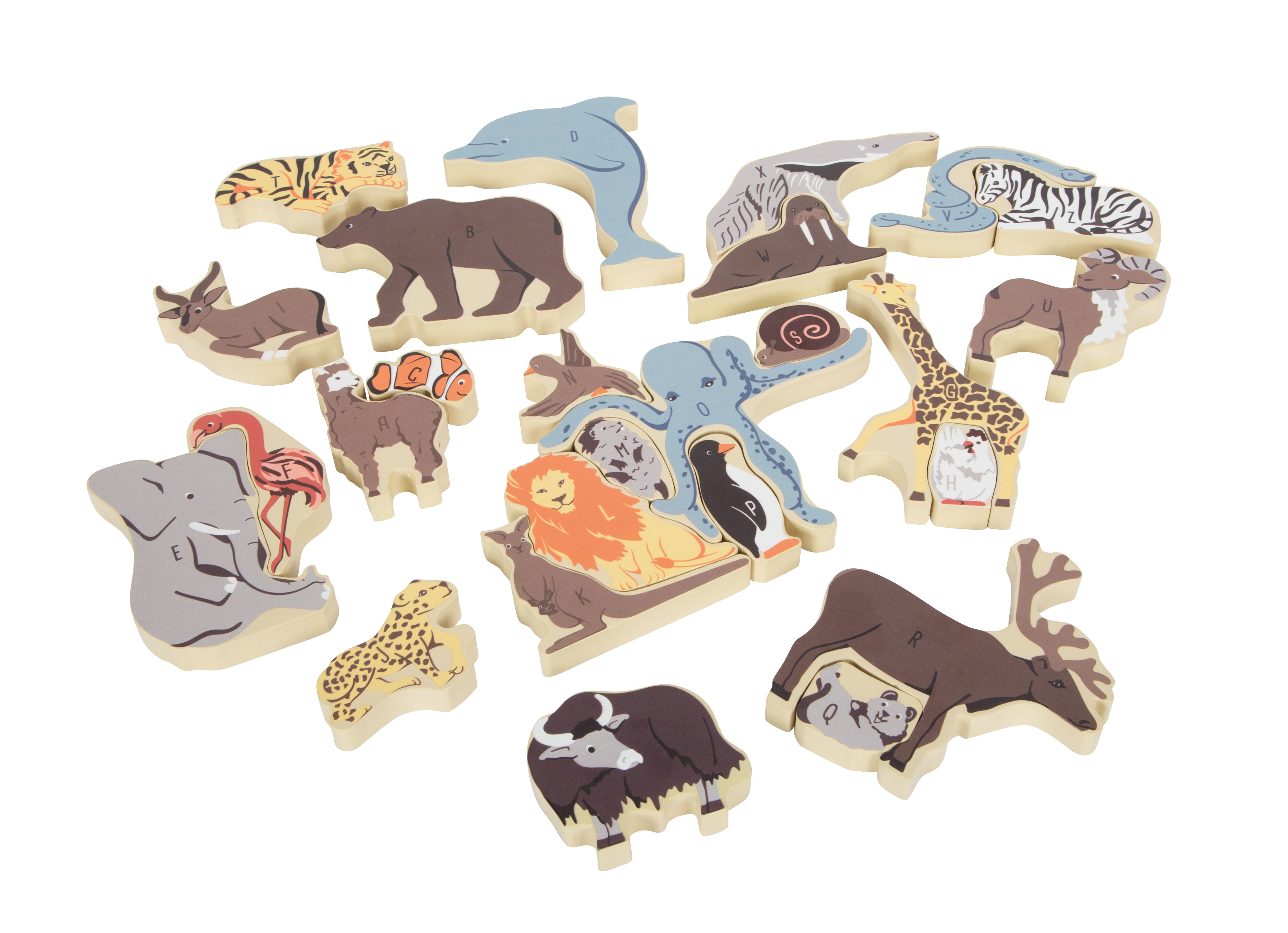Tier-Puzzleteile aus Holz mit Buchstaben