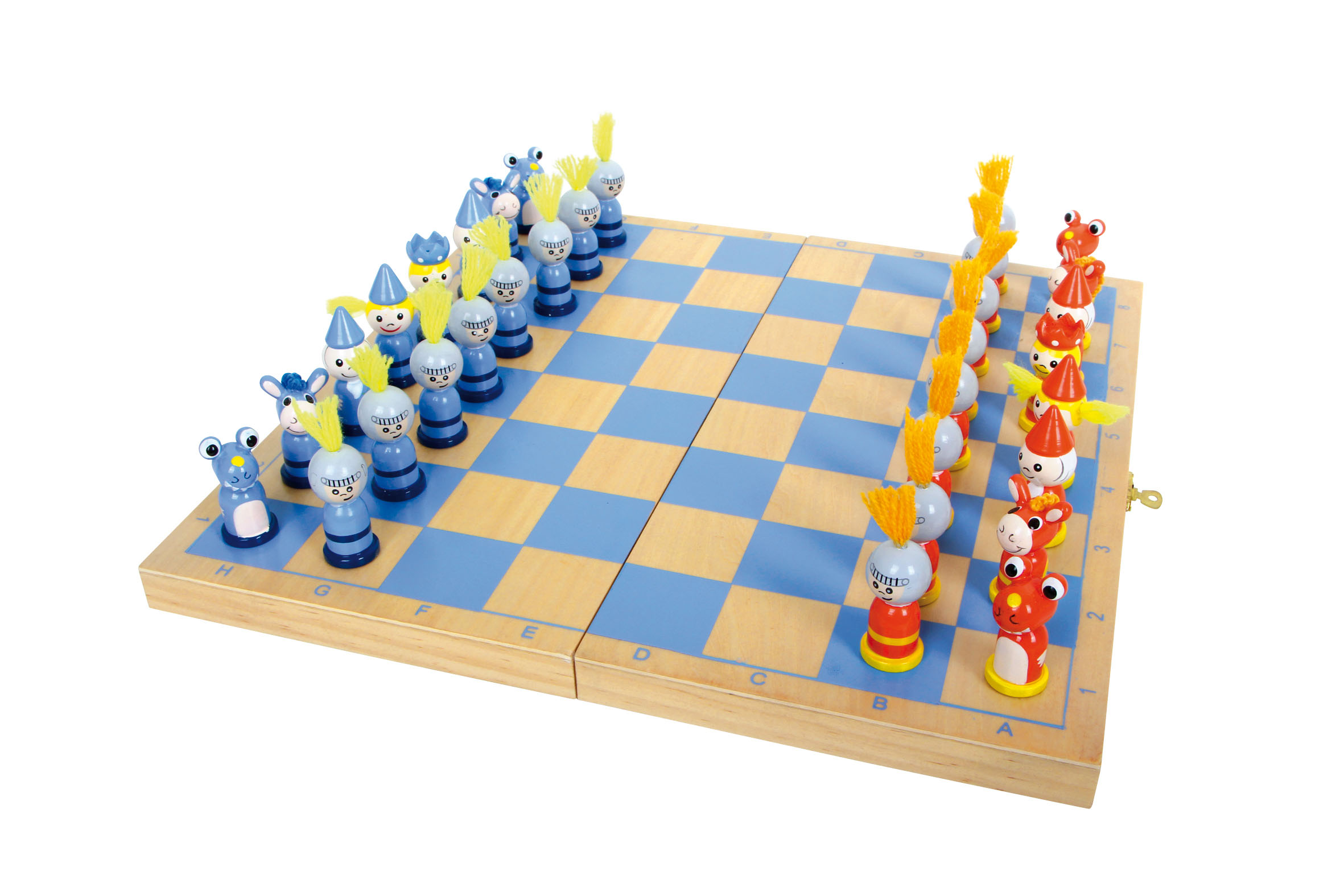 Schach Ritter aus Holz, rot und blau