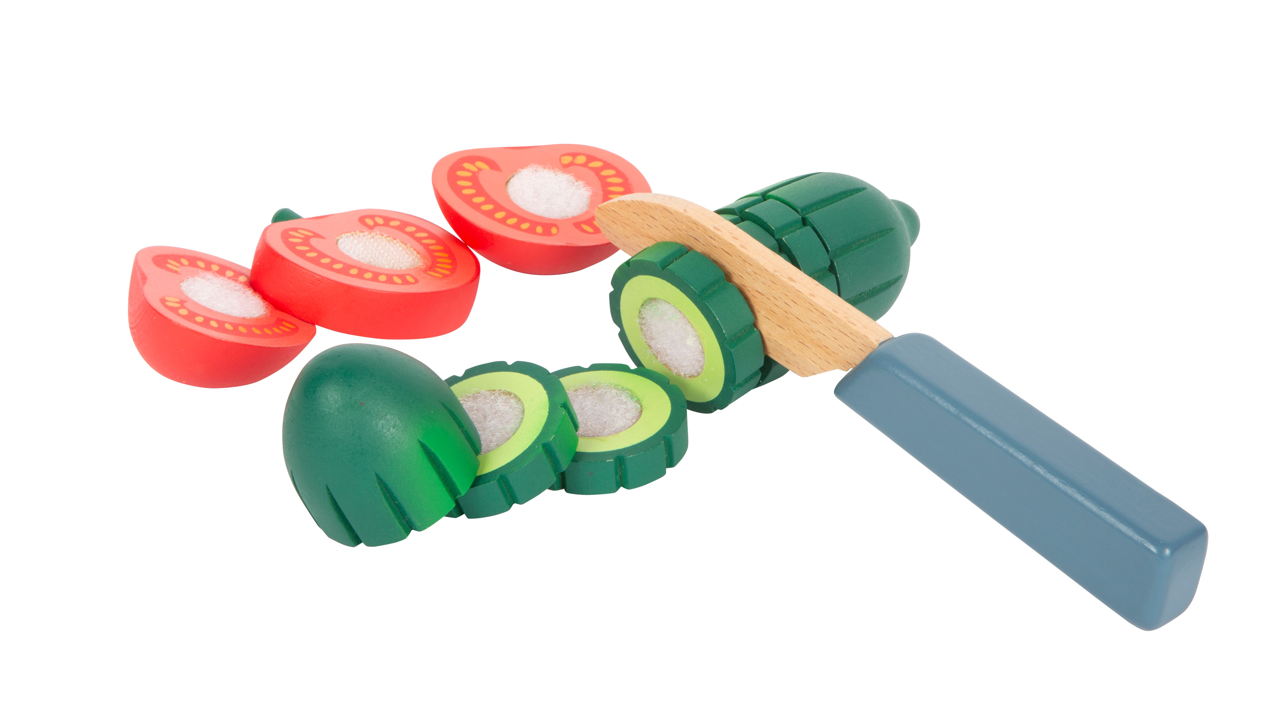 Tomate und Gurke aus Holz mit Schneidemesser