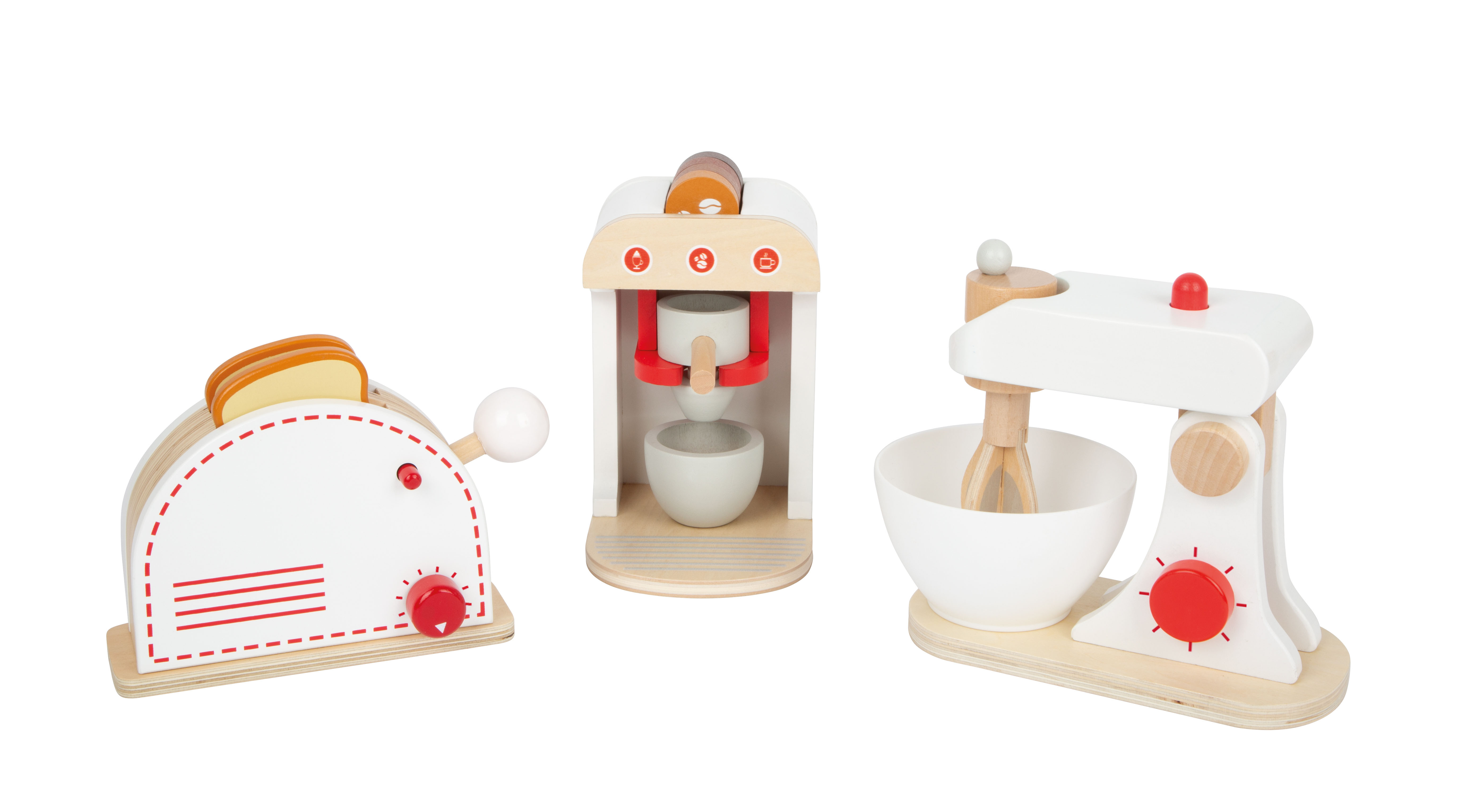 Küchengeräte wie Standmixer, Kaffeemaschine und Toasteraus Holz in schlichten Farben für die Kinderküche