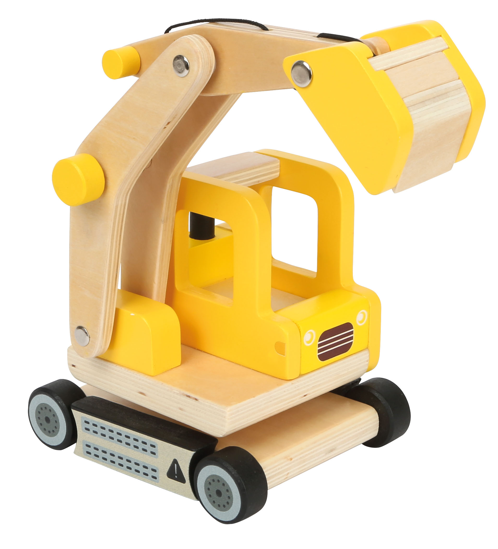 Gelber Spielzeug-Bagger aus Holz zum Spielen