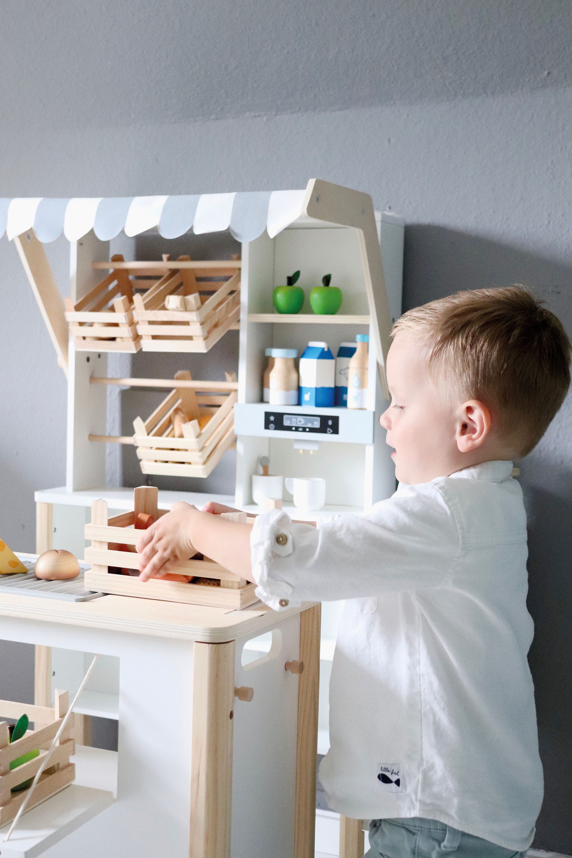Kaufladen und Kinderküche „fresh“ für Kinder, Kleiner Spielkiosk, Holzspielzeug, Küche, Holzregal, Kinderlunch