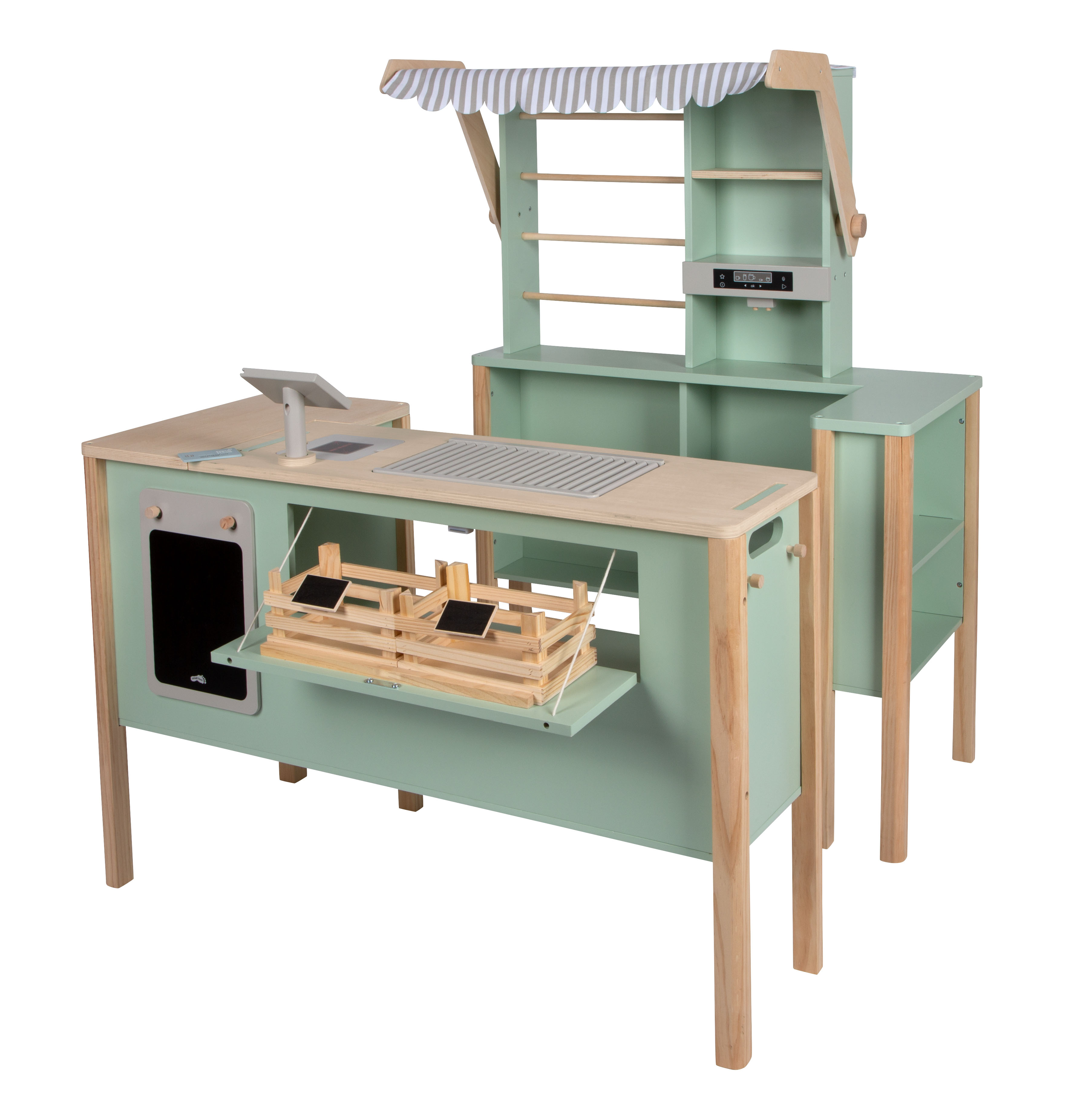 Modularer Kaufladen aus Holz in Salbeigrün, Computerausrüstung, Überwachen, Bildschirm, Tabelle, Computerausrüstung, Überwachen, Bildschirm, Tabelle, Computerausrüstung, Überwachen, Bildschirm, Tabelle, Computerausrüstung, Überwachen, Bildschirm, Tabelle