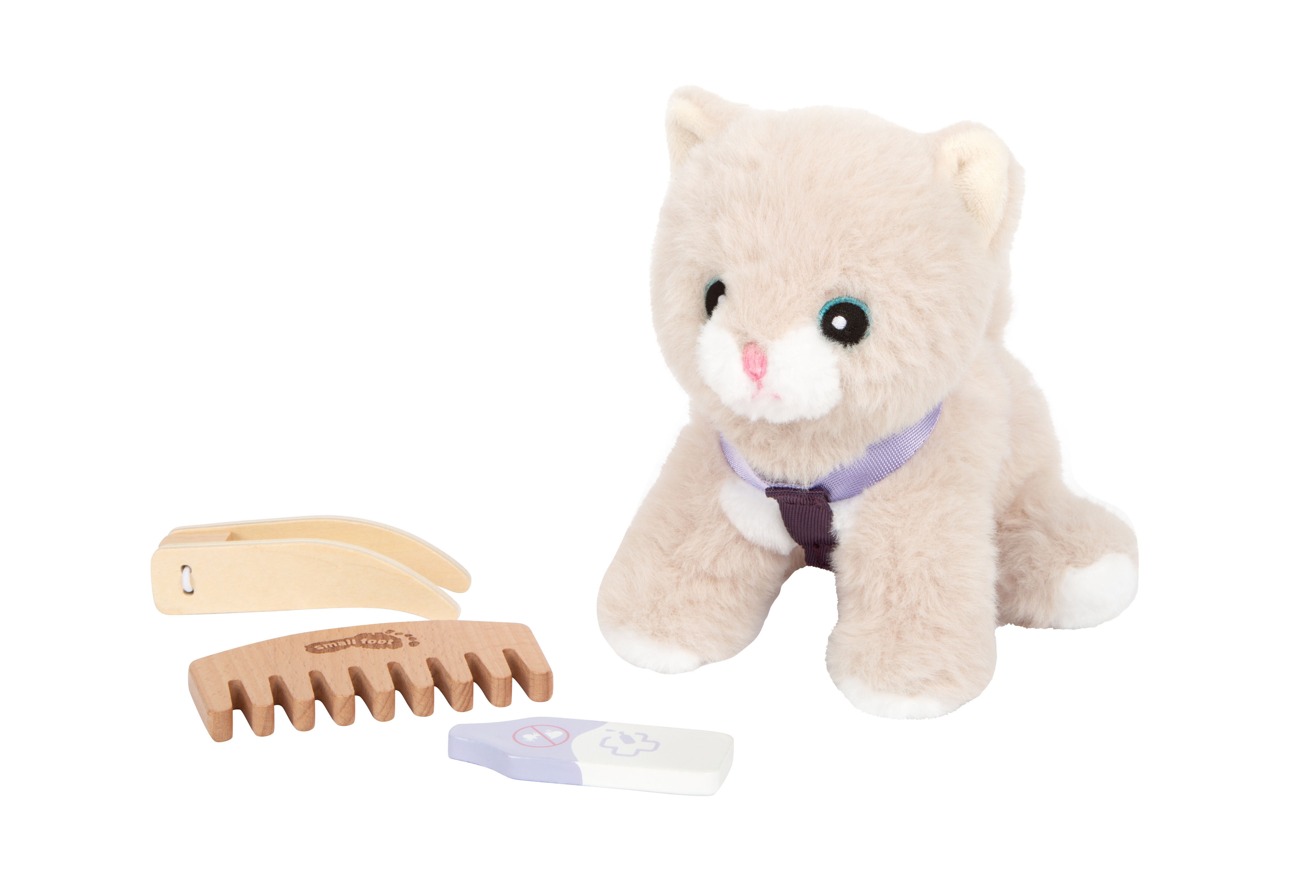 Katze mit Tasche und Pflegeset mit Kamm, Pinzette und Zeckenschutz