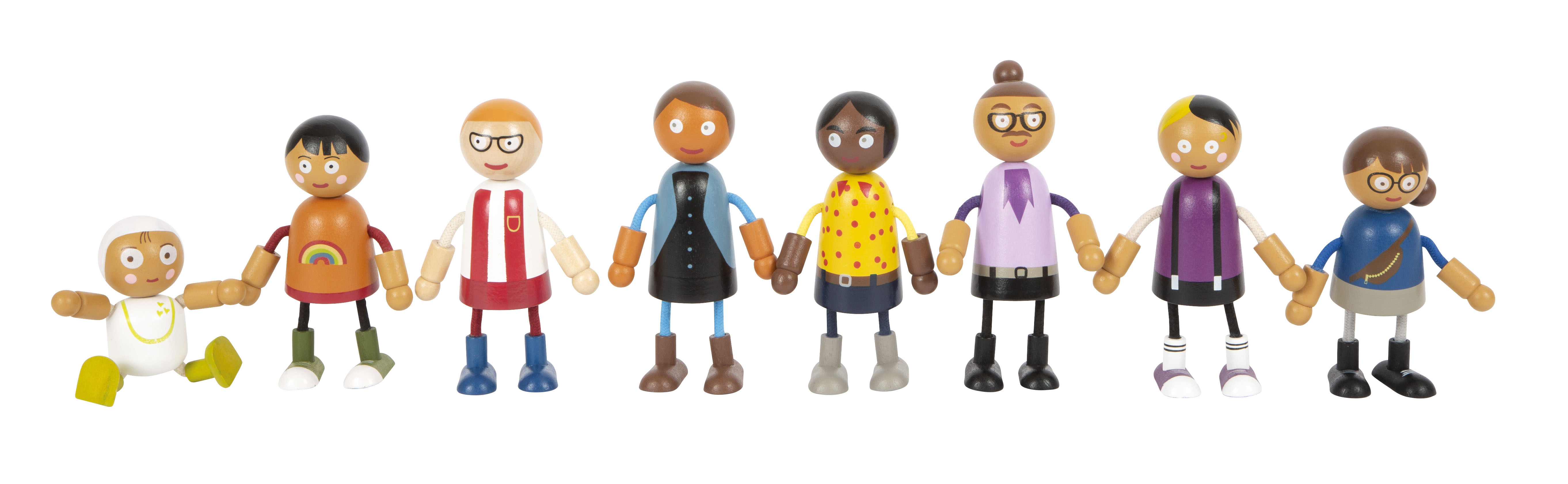 7 bunte Biegepuppen aus Holz und ein Baby