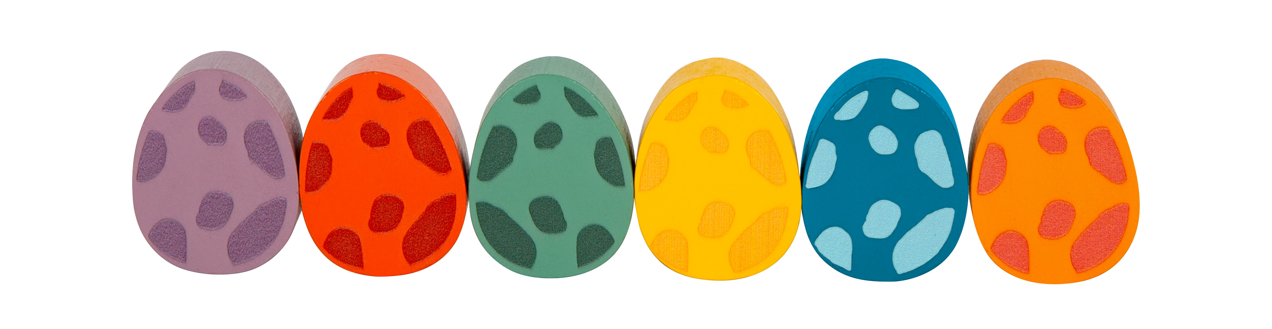 Sechs bunte Dinosaurier-Eier aus Holz