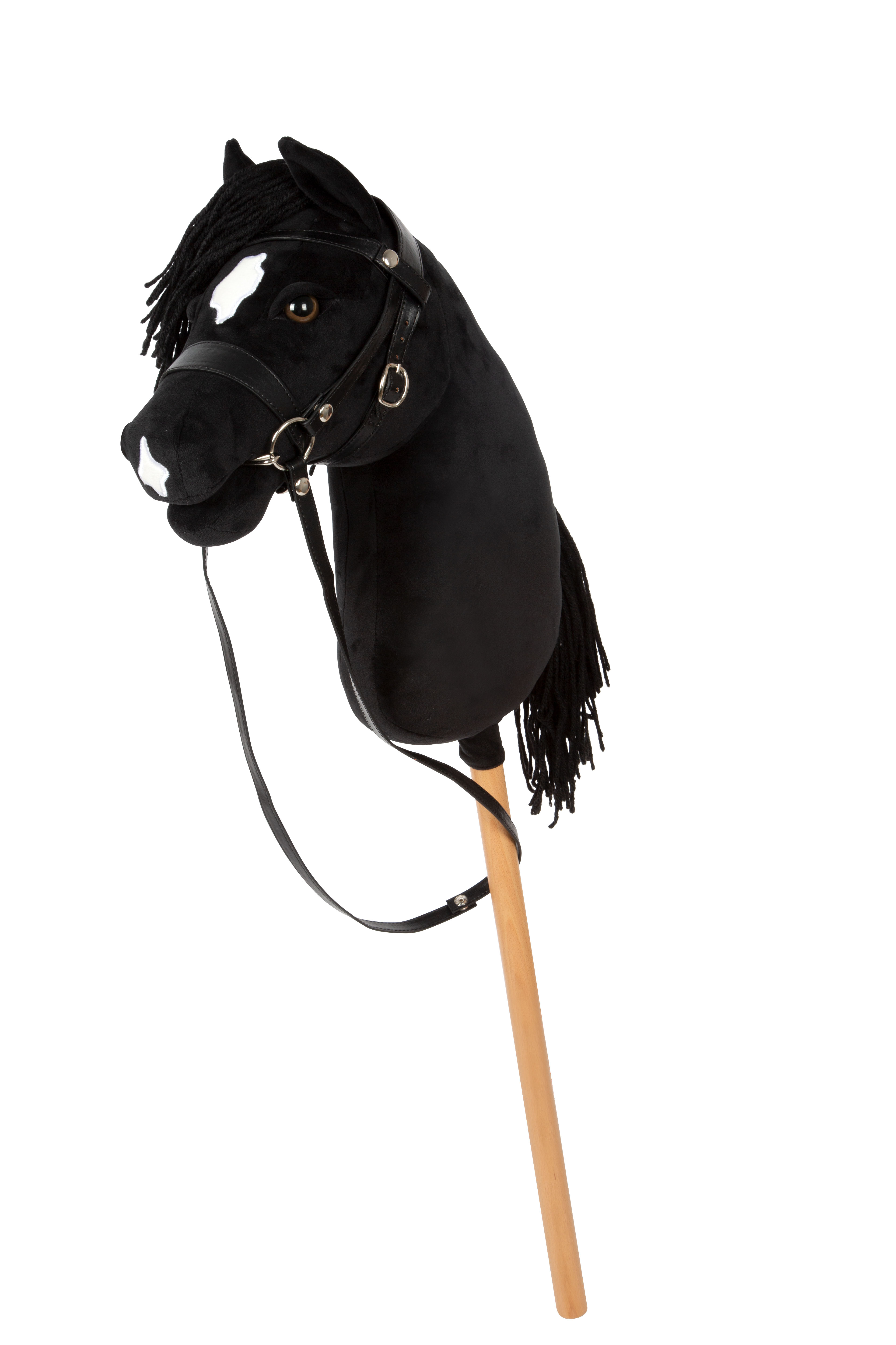 Schwarzes Hobby Horse aus Plüsch mit Trense und Zügeln