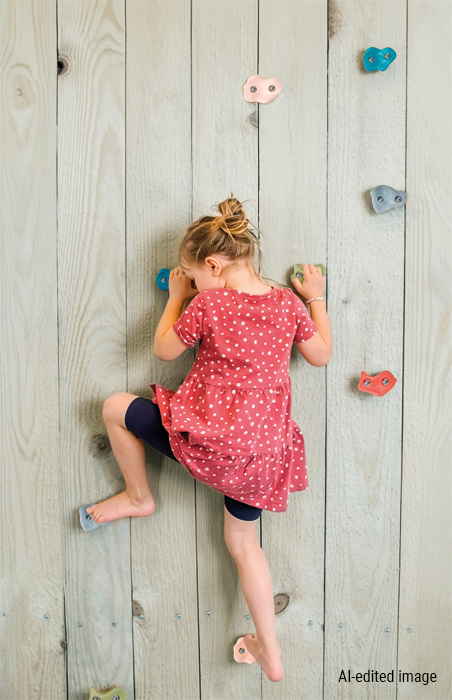Mädchen klettert an Holzwand mit Klettersteinen, Kletterwand, Klettergriffe, Kleidung, Rosa Kleid, Kinder